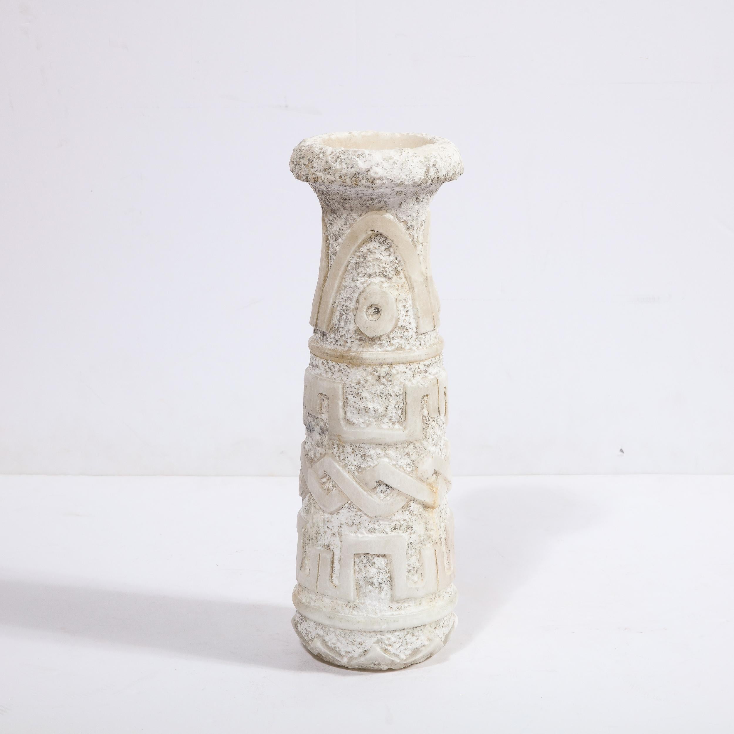 Hand-Carved Mid-Cenury Primitivist Marble Vase with Relief Carved Geometric Detailing For Sale