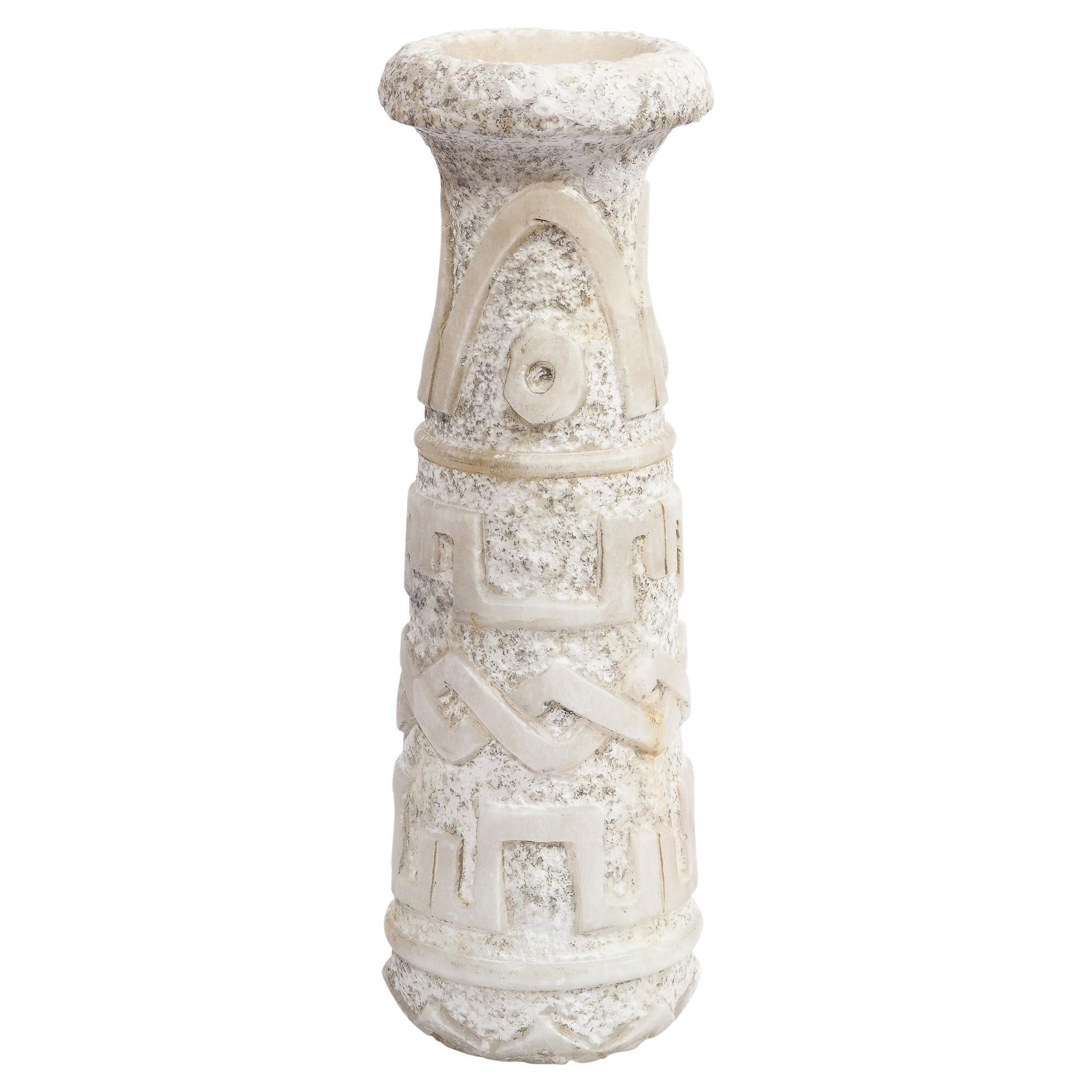 Mid-Cenury Primitivist Marble Vase with Relief Carved Geometric Detailing For Sale