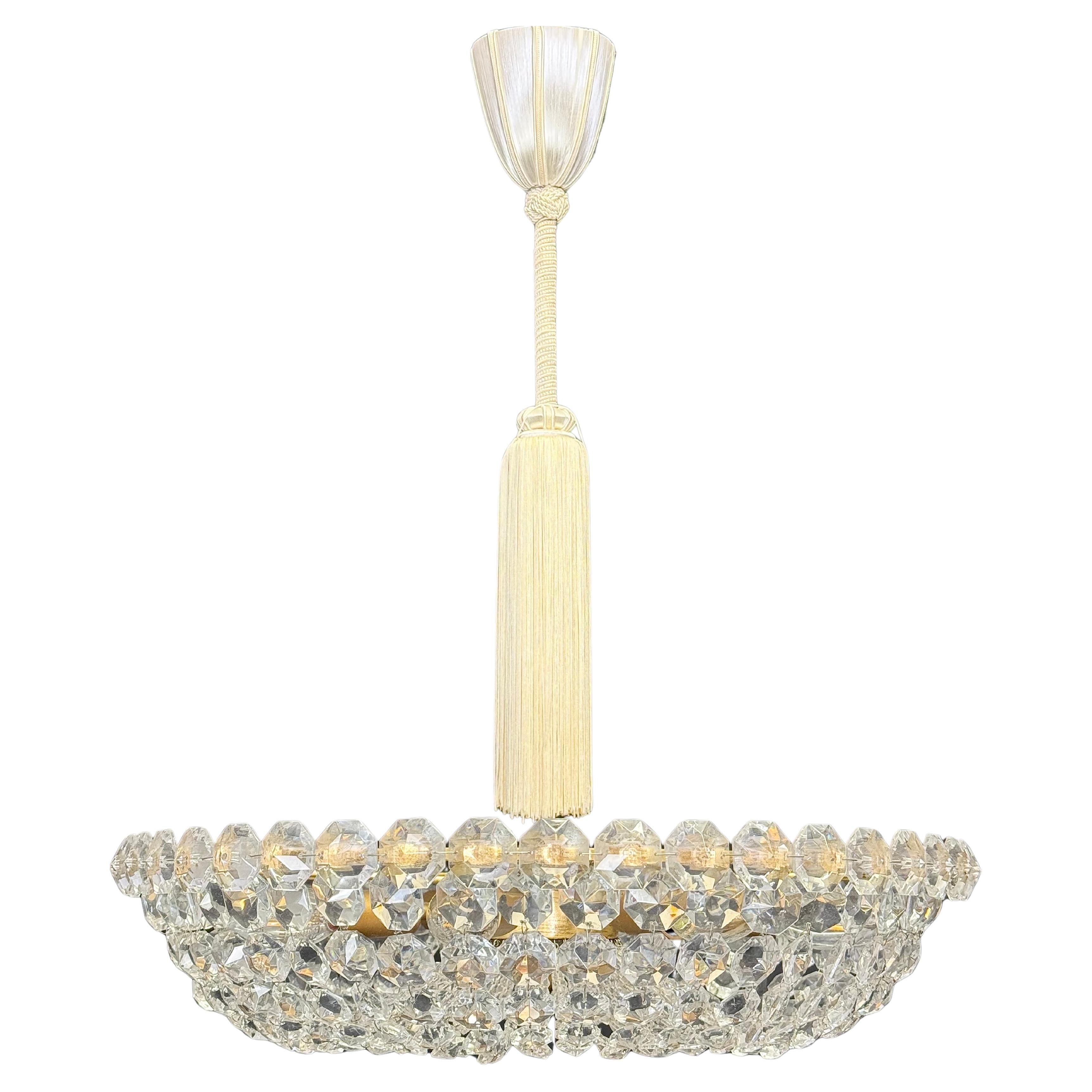 Lustre en cristal Bakalowis du milieu du XIXe siècle avec suspension à glands en soie, années 1960 en vente