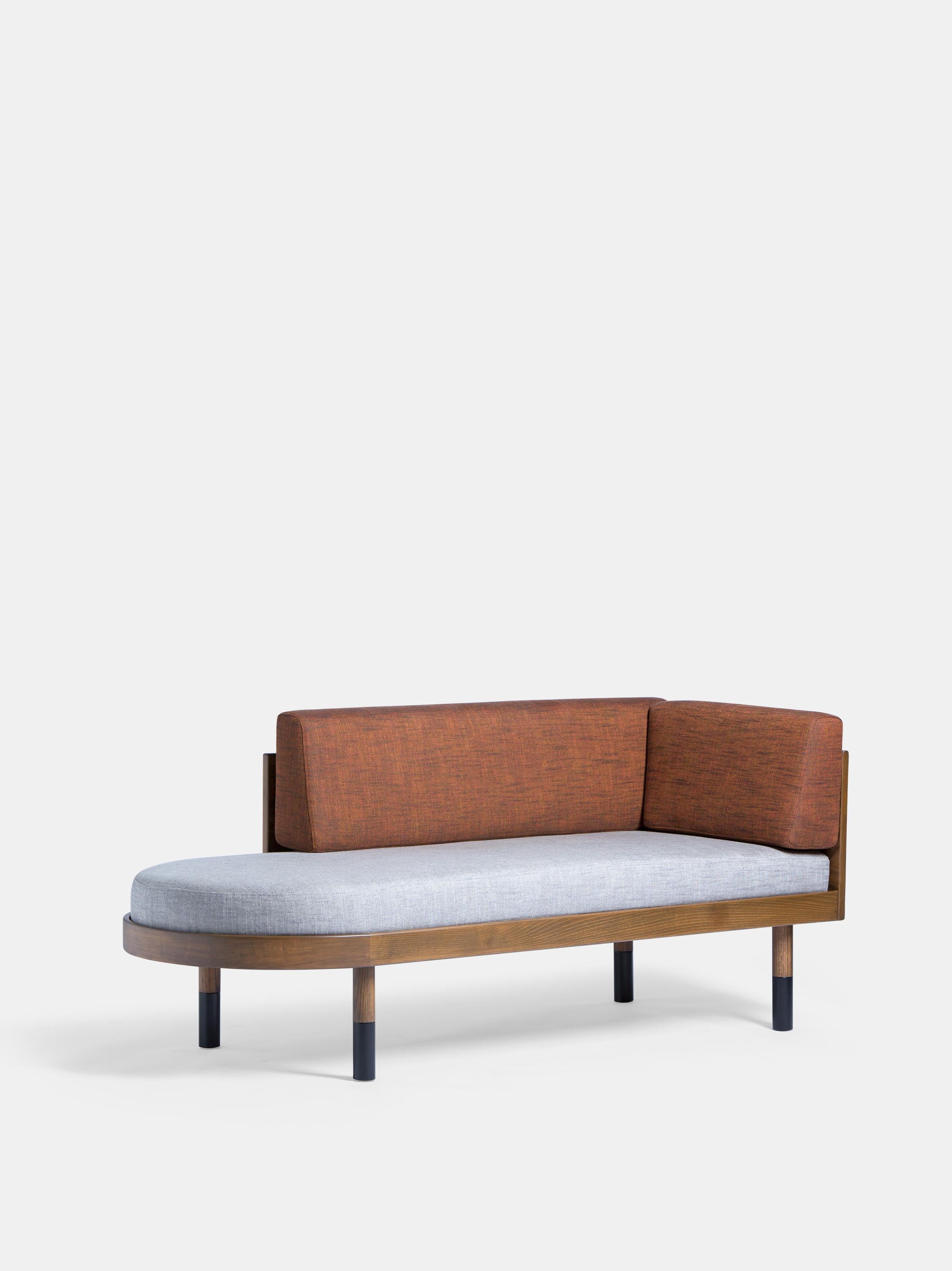 Mid Corner Sofa by Kann Design
Dimensions: D 70 x W 170 x H 74 cm.
Materials: Solid wood, steel, wood veneer, HR foam, fabric upholstery - seating: Sahco Ellis 4
- back: Sahco Ellis 18 (70% viscose, 30 % linen).
Available in other fabrics.

Designed