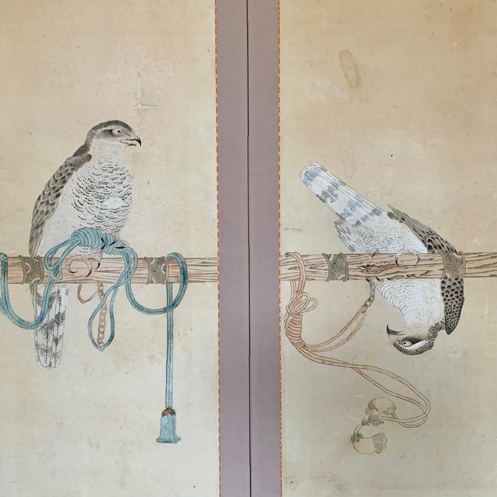 Step into the world of Mid Edo Japan with our six-panel Hawk screen, each depicting a different hawk. In this period, hawks were revered not only for their majestic beauty but also for their role in hunting, a popular activity among the samurai and