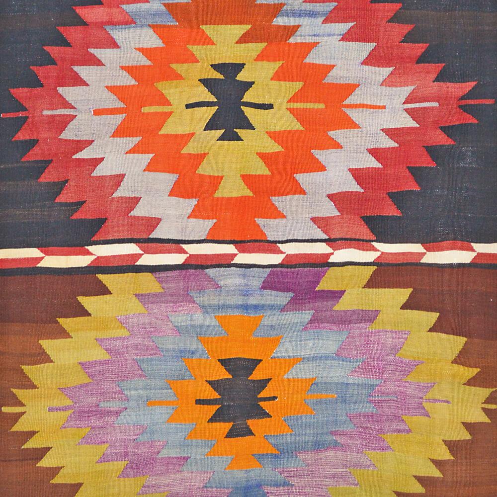 Mid-end-20th century handwoven Anatolian multi-color Kilim

This special kilim from Turkey was handwoven in the second half of the 20th century. It is lined with a cotton fabric to maintain stability and to protect the fabric of the kilim.
Every