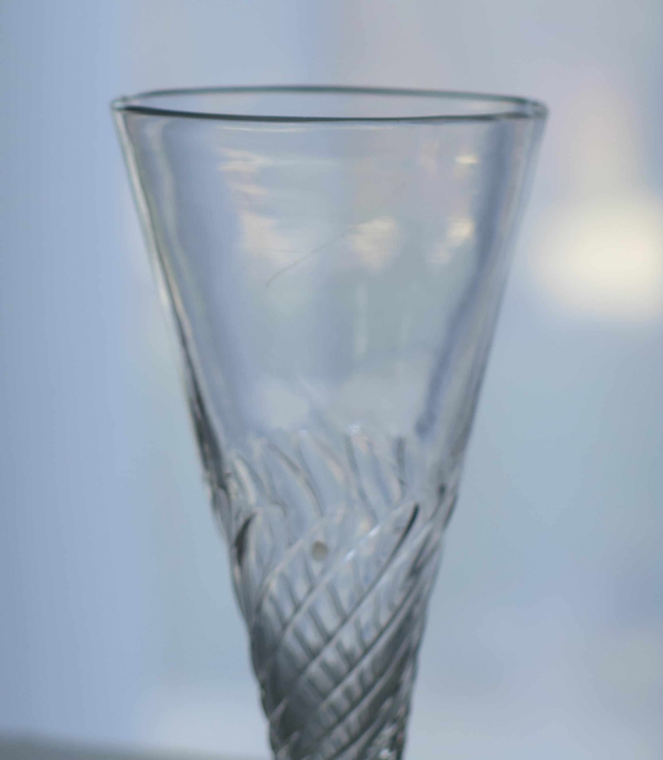 Hand-Crafted Mid-Georgian Ale Drinking Glass Wrythen Bowl & Stem Handblown, circa 1760 For Sale