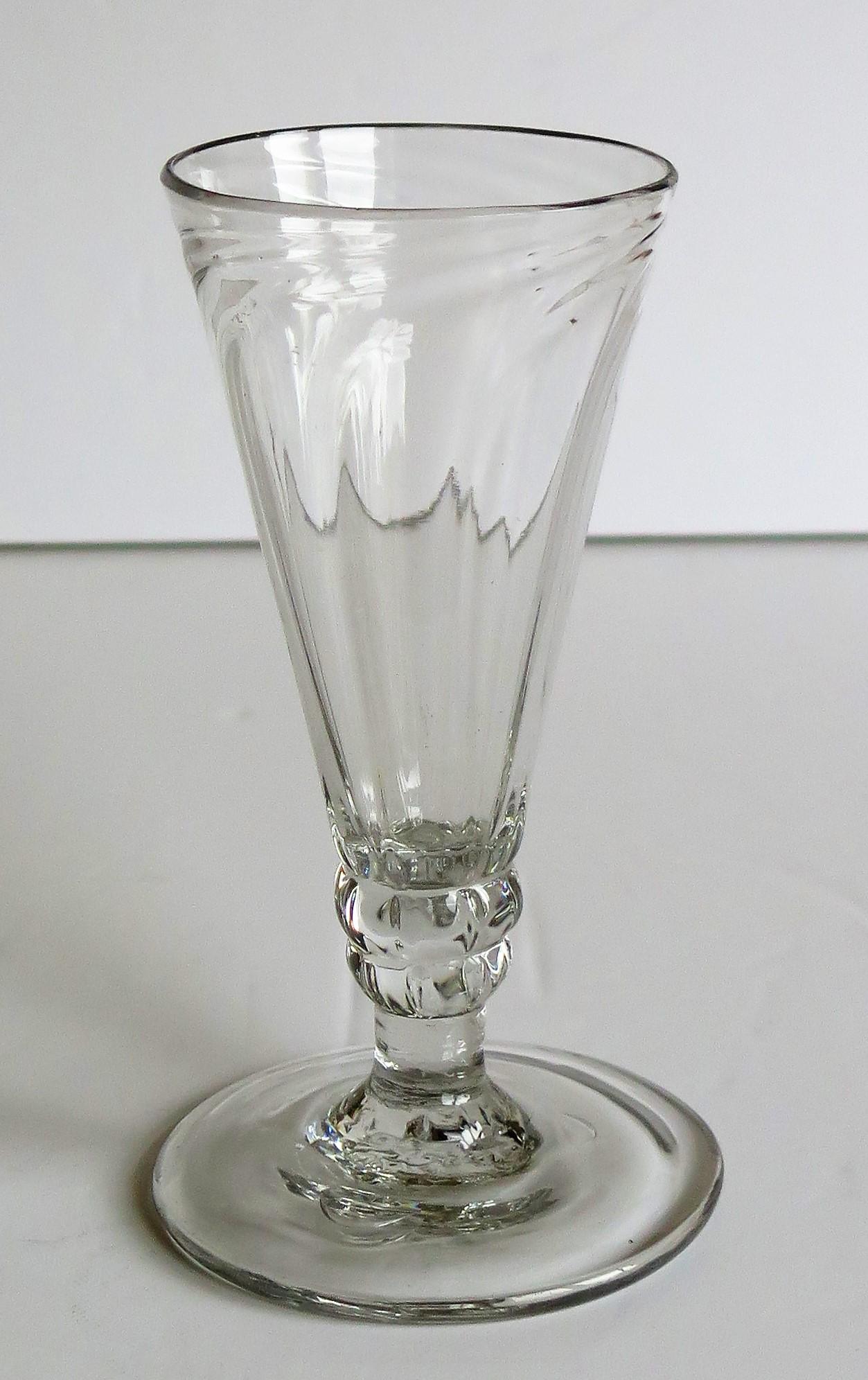 Mid-Georgian Dwarf Ale Drinking Glass Wrythen Bowl Hand Blown, English Ca 1760 For Sale 2