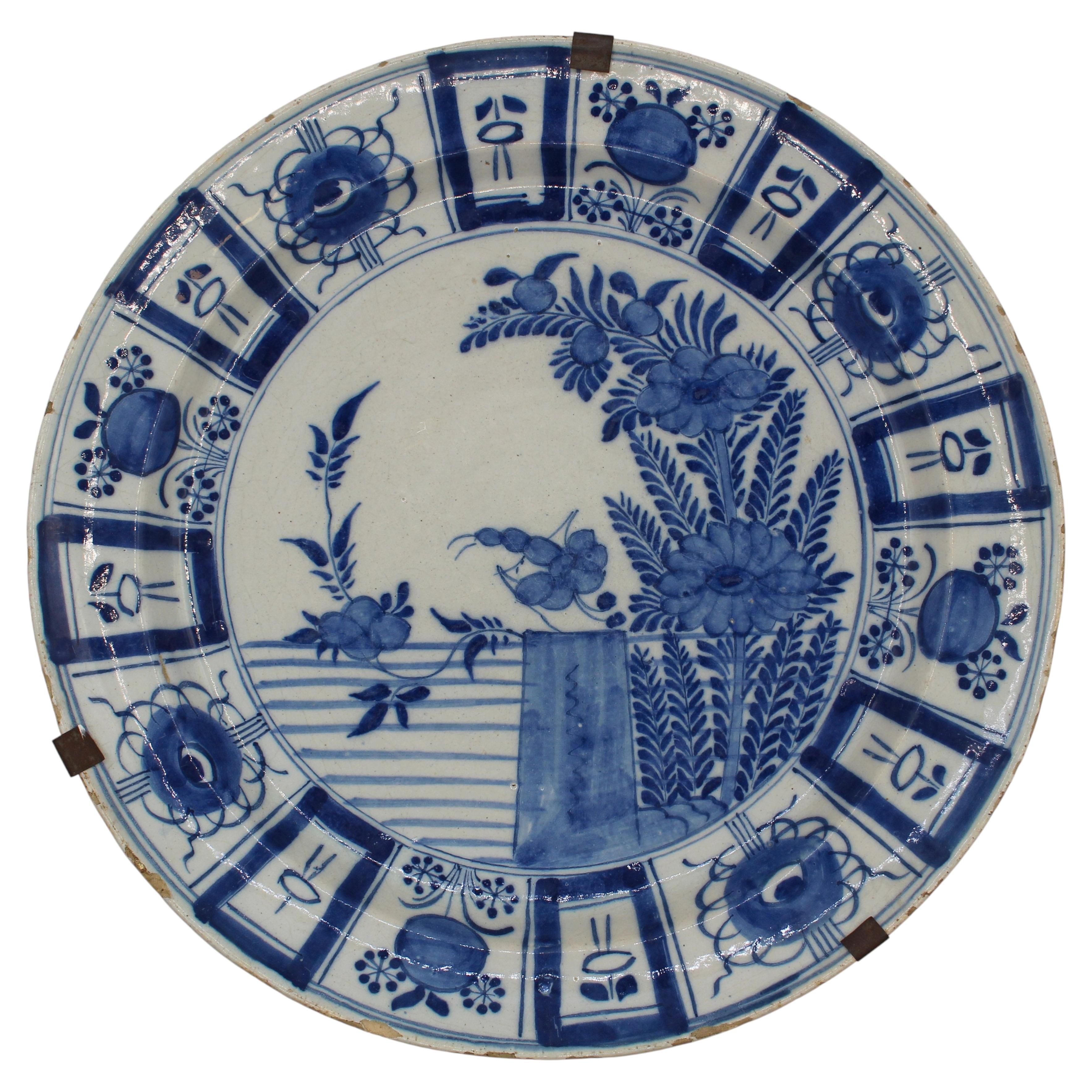 Mid-Late 18th Century Dutch Delft Blue and White Floral Charger