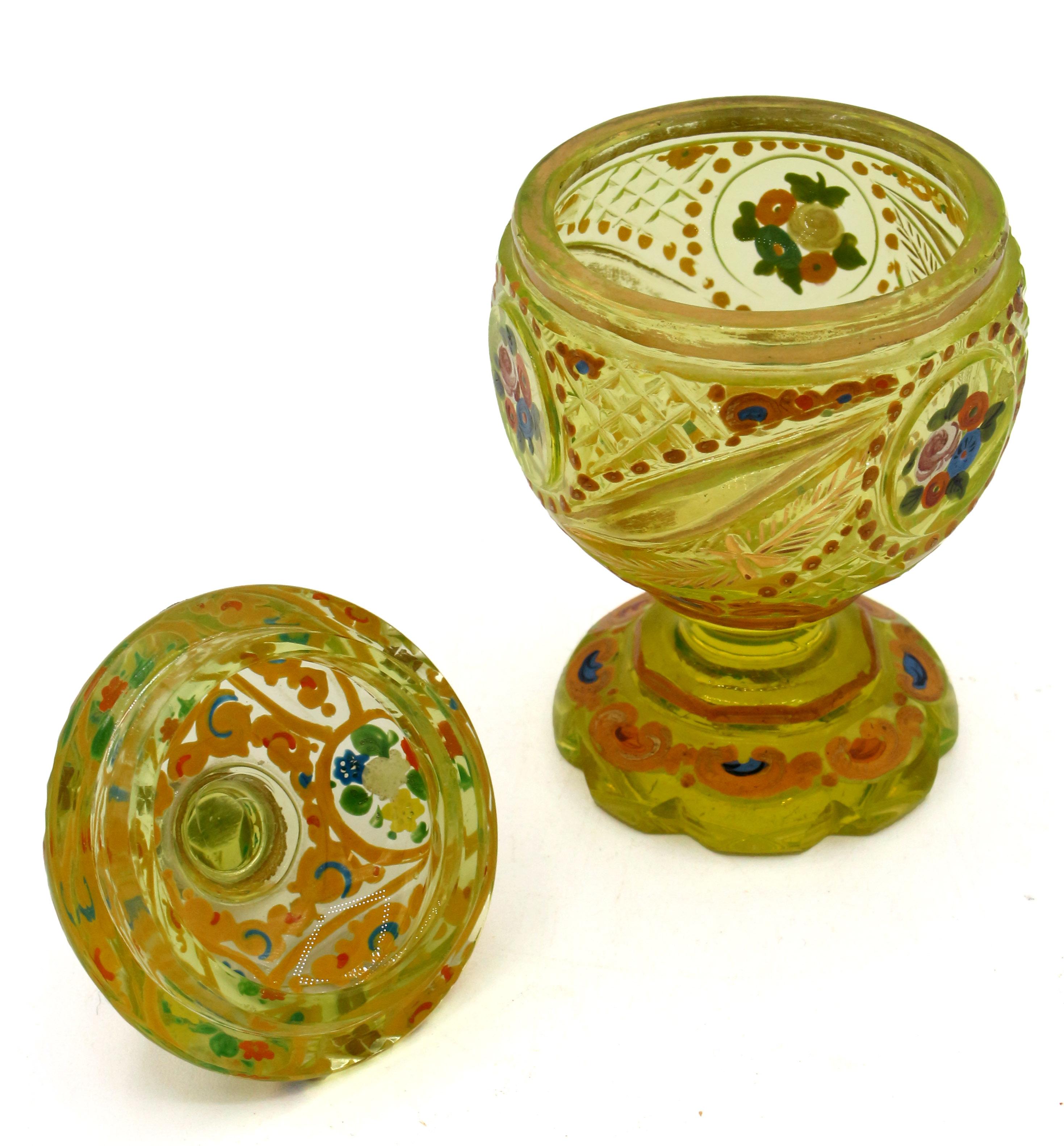 Mid to late 19th century Bohemian small blown & cut vaseline glass (also called Uraline or Ouraline glass) covered urn. A rare & exquisite example with enamel & gilt decoration, shaped petal base. 4.5