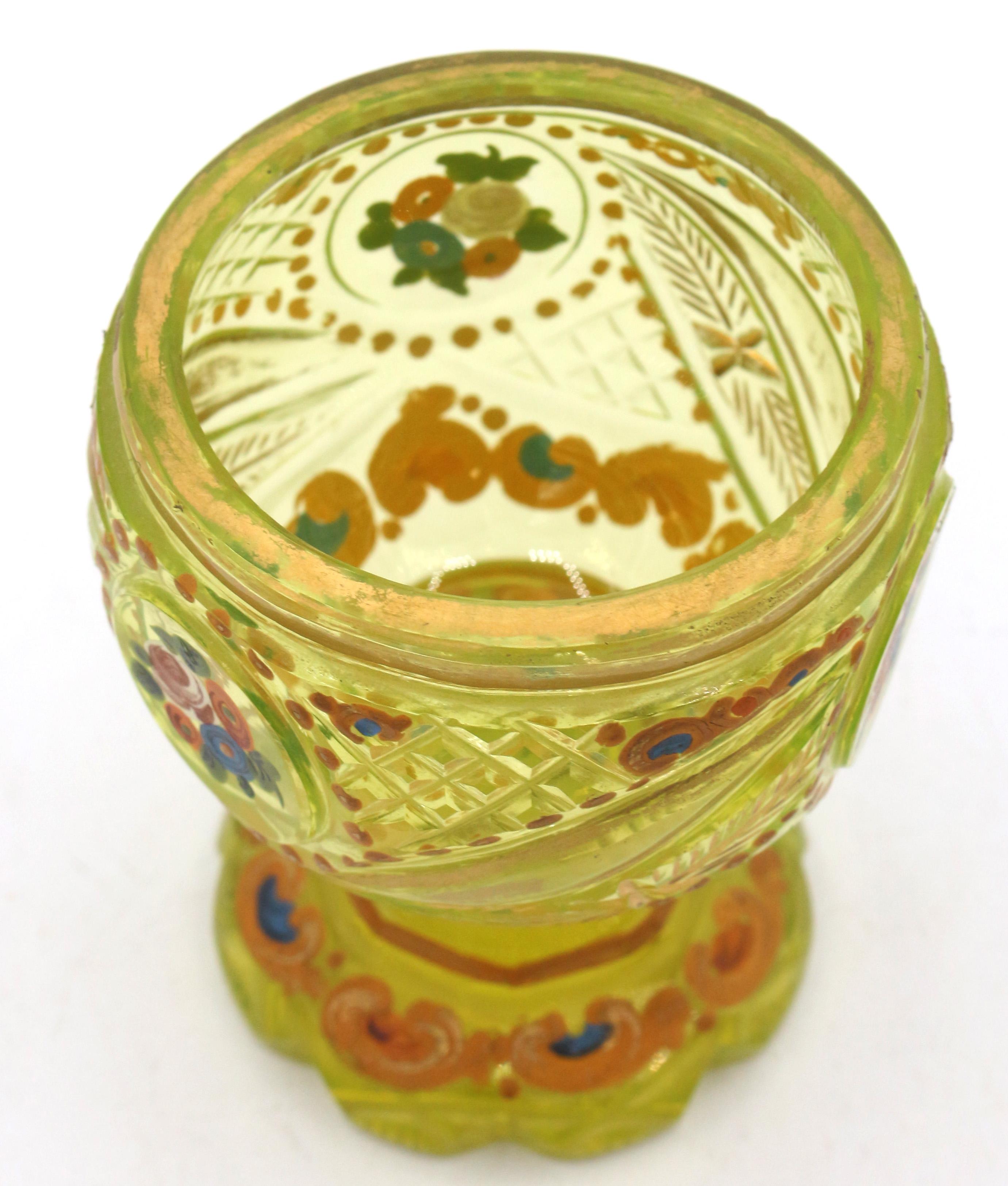 Czech Mid-late 19th Century Bohemian Small Blown & Cut Vaseline Glass Covered Urn