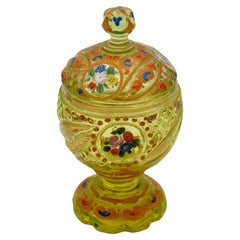 Mid-late 19th Century Bohemian Small Blown & Cut Vaseline Glass Covered Urn