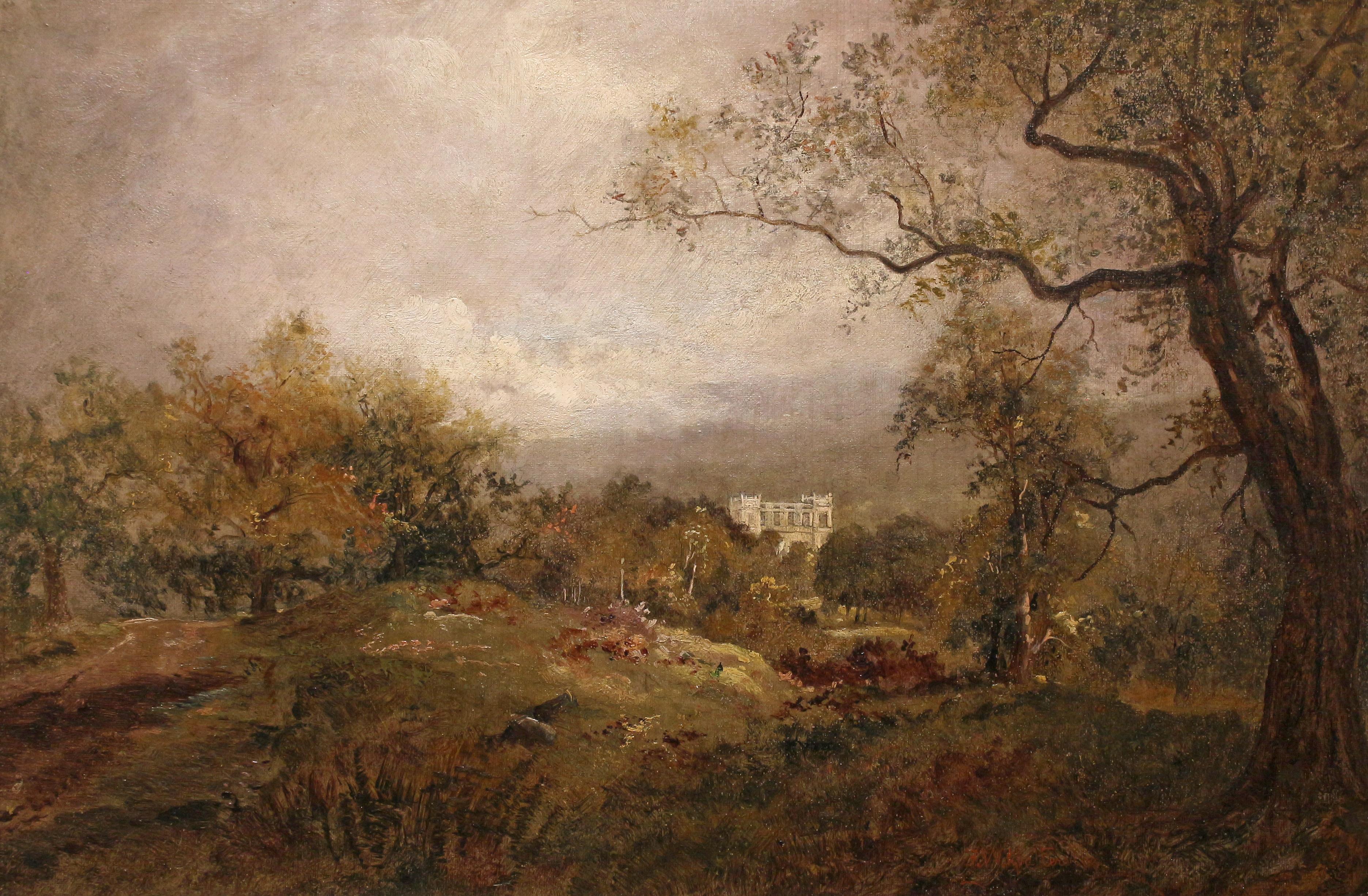 Mid-late 19th century English school country house landscape oil painting. Possibly Wollaton Hall, Nottingham. The light magically catches the house. Apochryphal signature of Frederick William Hattersley (British, 1859-1942). Presented in superb