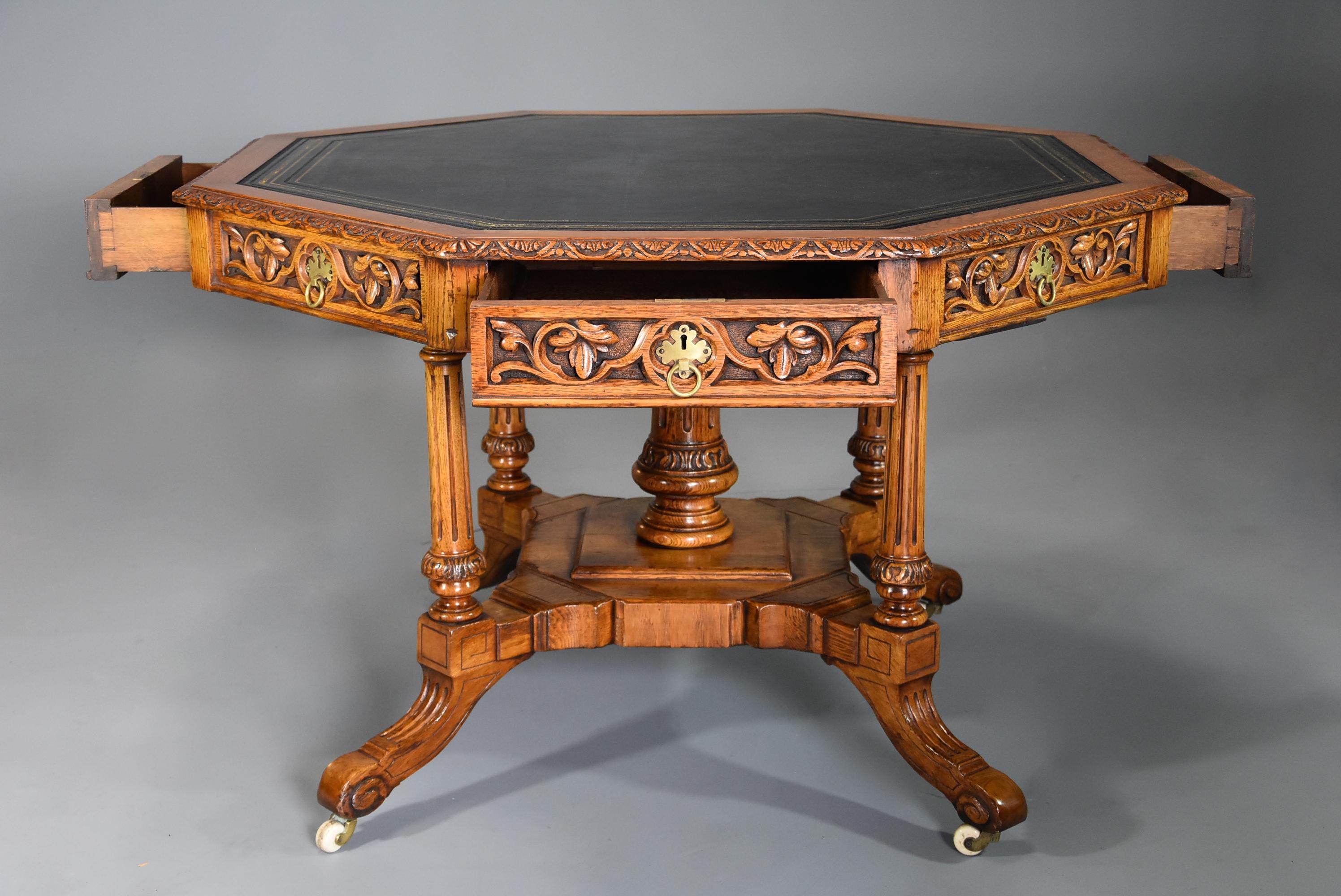 English Mid-Late 19th Century Oak Octagonal Library Table by T.H. Filmer & Sons, London For Sale