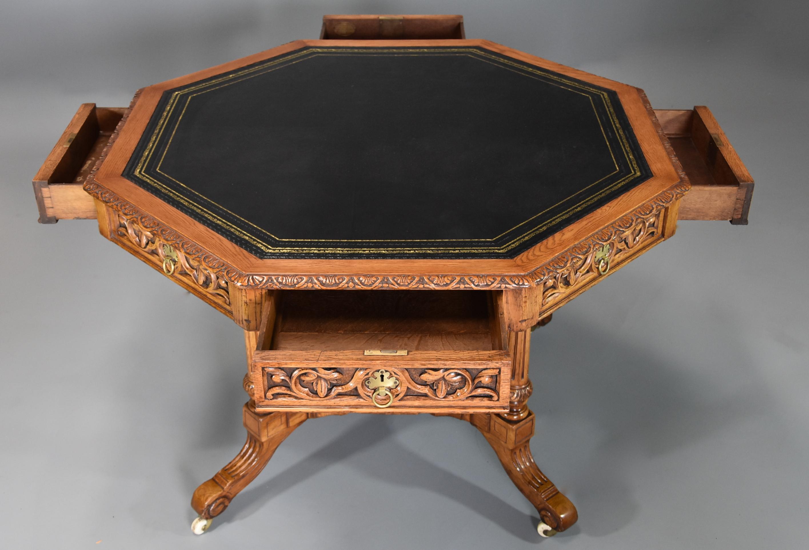 Mid-Late 19th Century Oak Octagonal Library Table by T.H. Filmer & Sons, London In Good Condition For Sale In Suffolk, GB