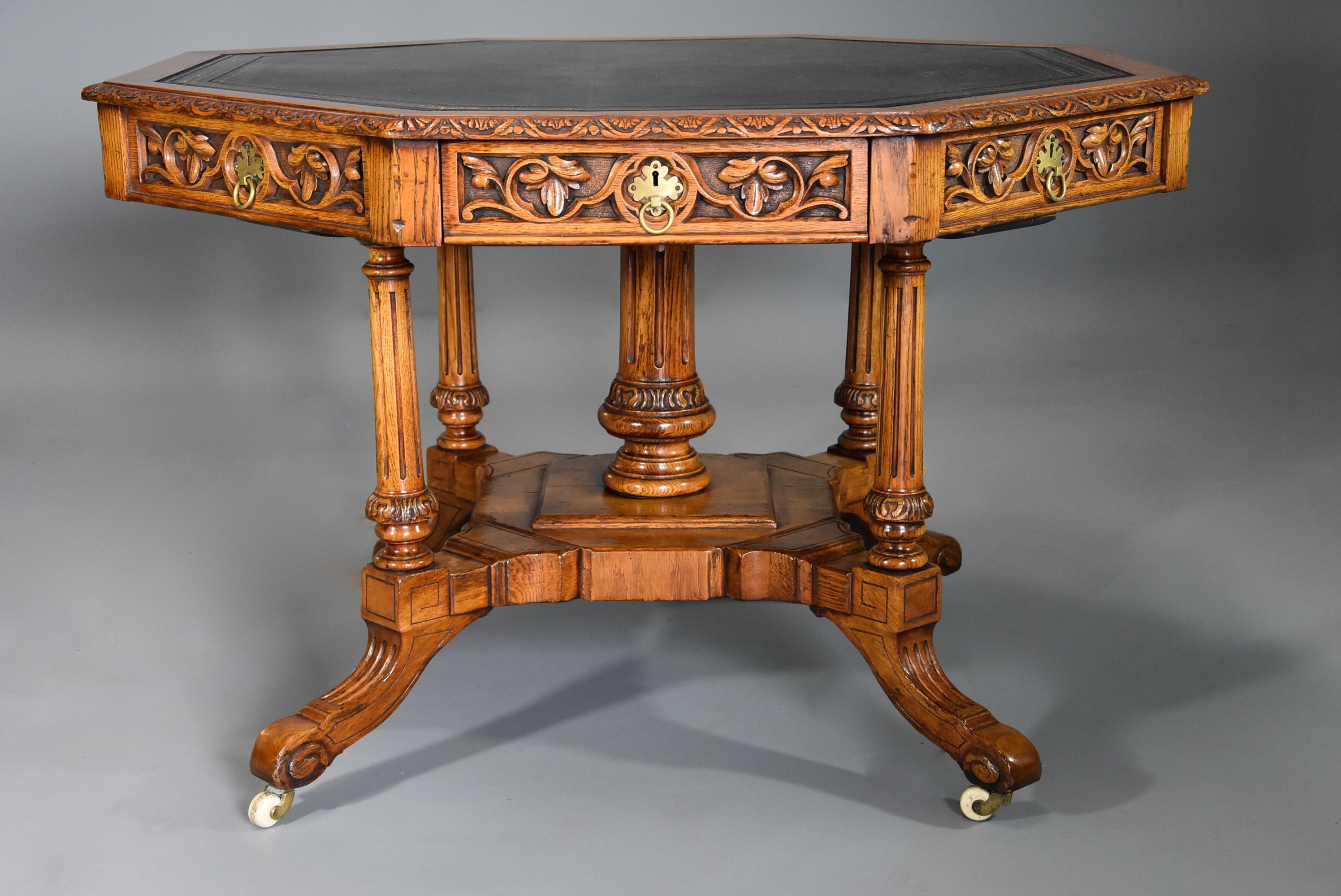 Leather Mid-Late 19th Century Oak Octagonal Library Table by T.H. Filmer & Sons, London For Sale