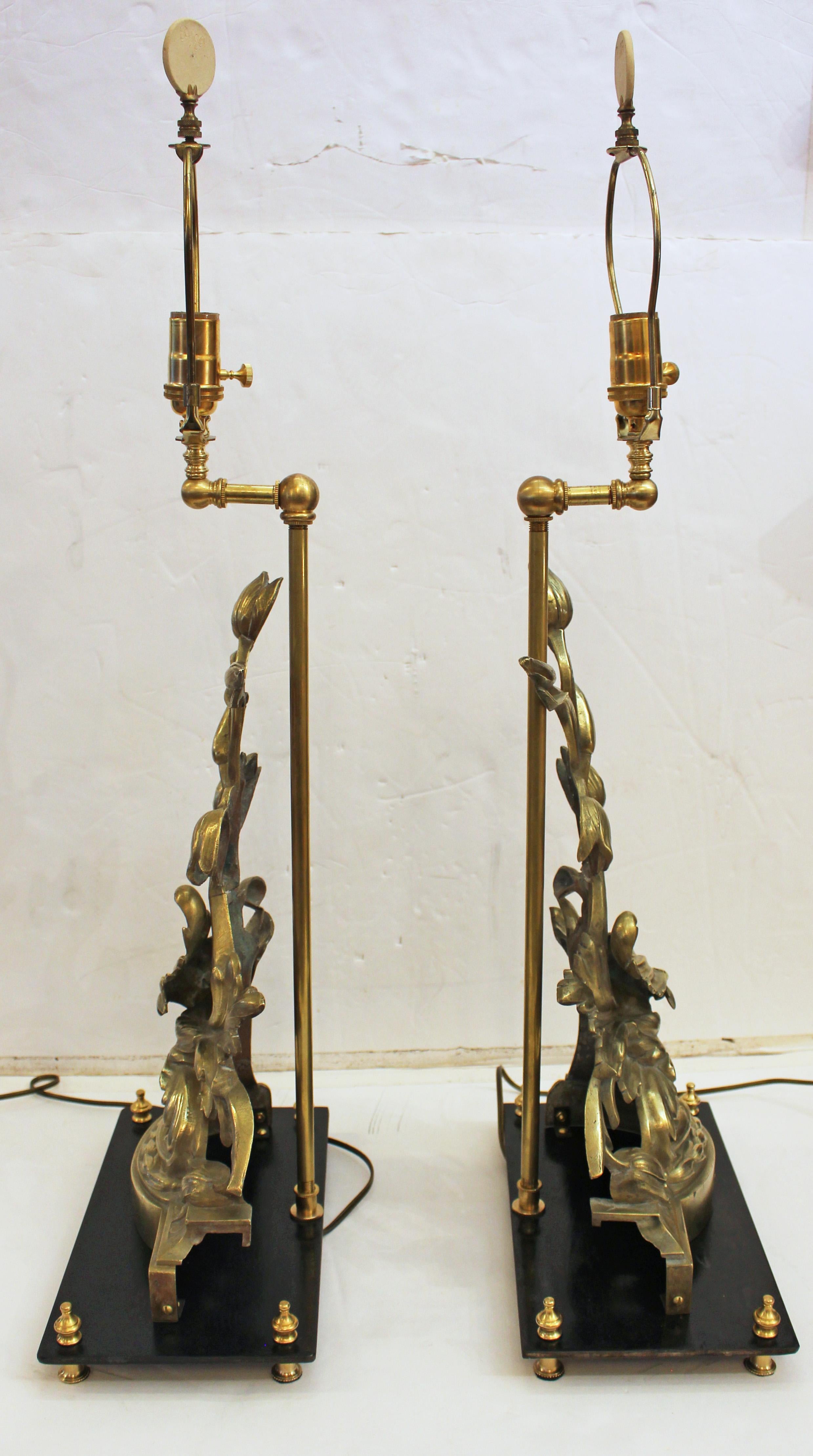 Pareja de Chenets Franceses de Bronce Montados como Lámparas de Mediados del Siglo XIX en Bueno estado para la venta en Chapel Hill, NC