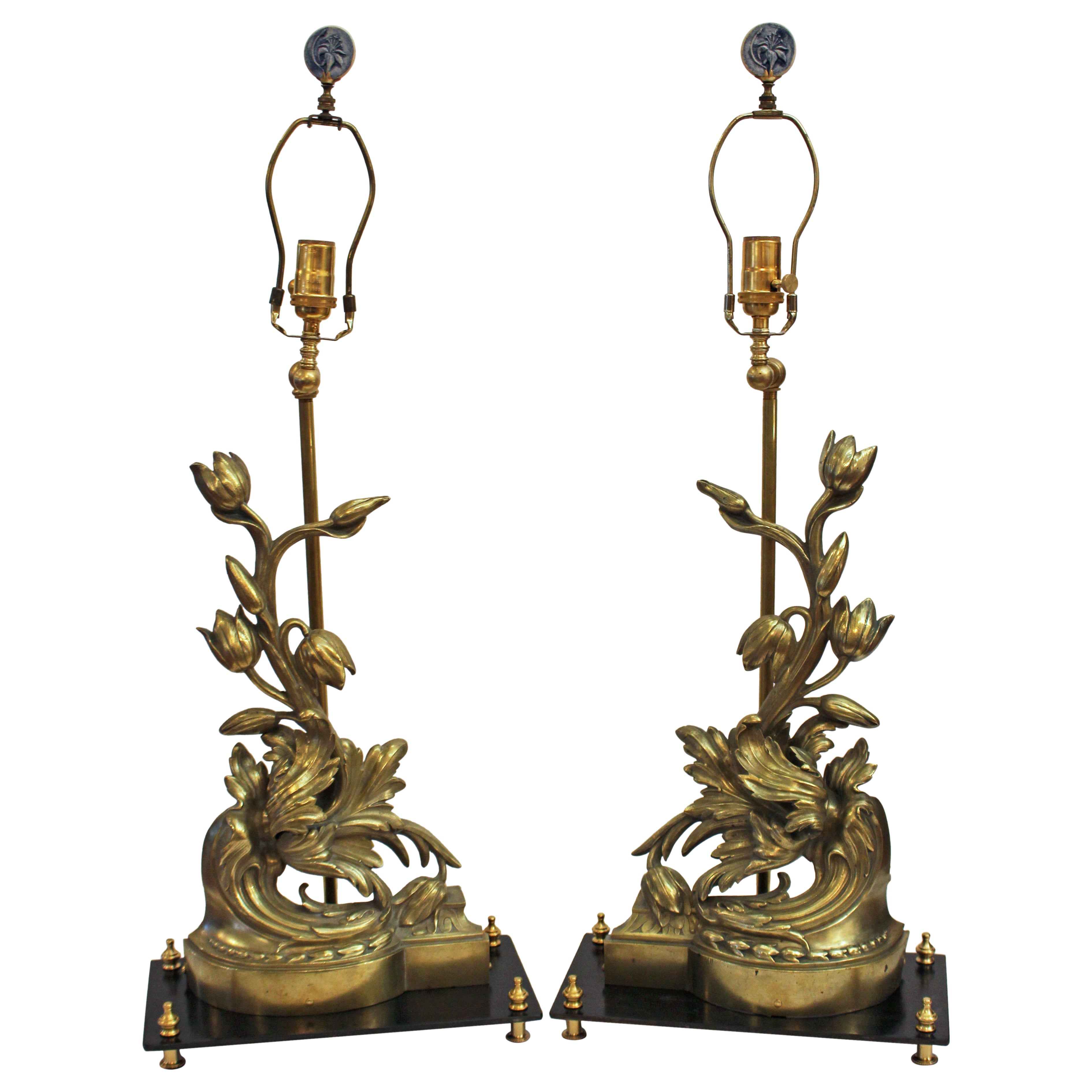 Mid-Late 19th Century Pair of French Bronze Chenets Mounted as Lamps