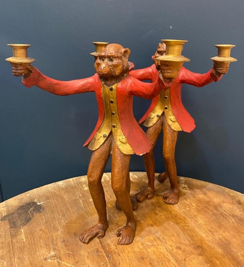 Mid-Late 20th century Bill Huebbe Monkeys in suits metal candelabras 
Add these whimsical candle holders to any room to add a bit of whimsy. The pair holds a total of 4 taper candles. 
Measures: 17