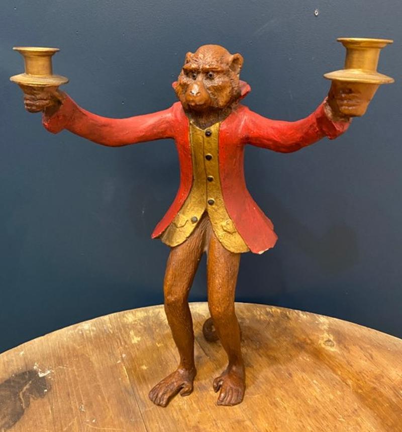 Mid-Late 20th Century Bill Huebbe Monkeys in Suits Metal Candelabras In Good Condition In Middleburg, VA