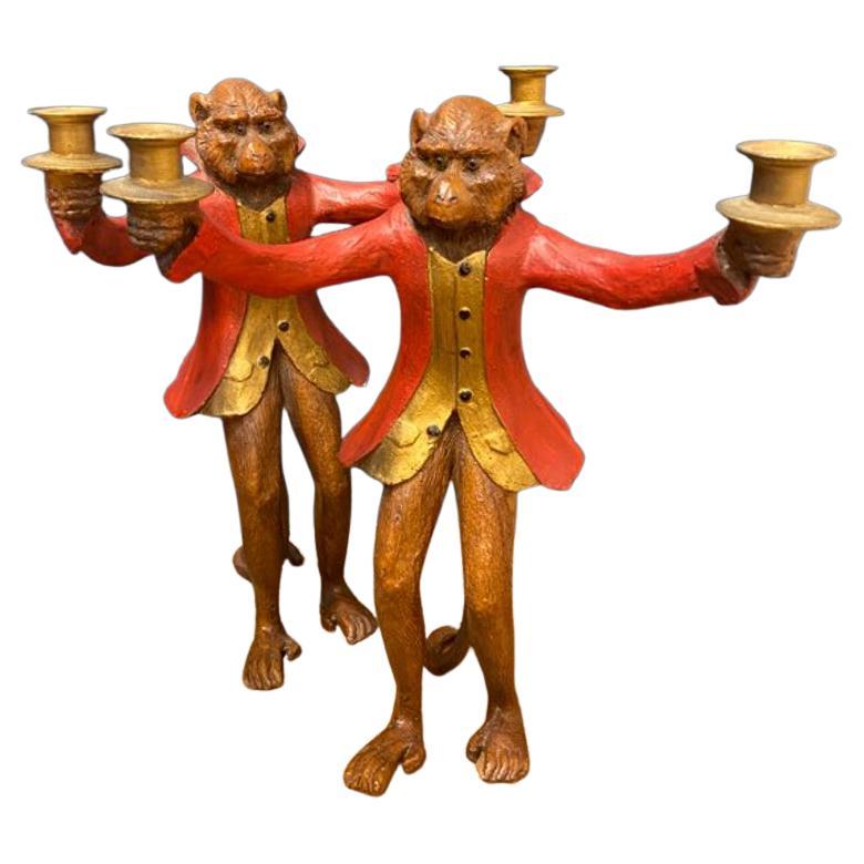 Mid-Late 20th Century Bill Huebbe Monkeys in Suits Metal Candelabras