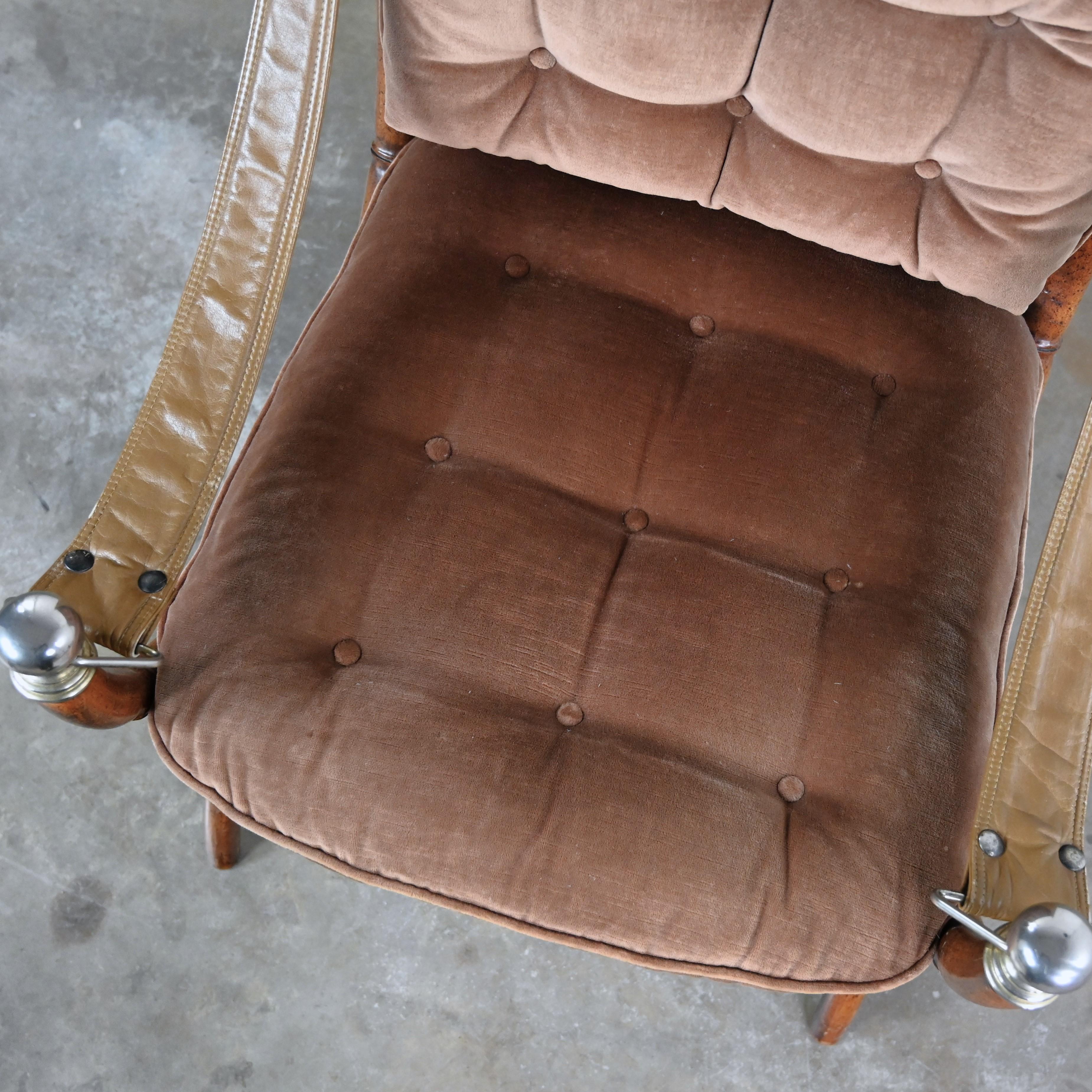 Mid-Late 20th Century Chair Brown Velvet Campaign Style X Base Sling Arm Straps  8