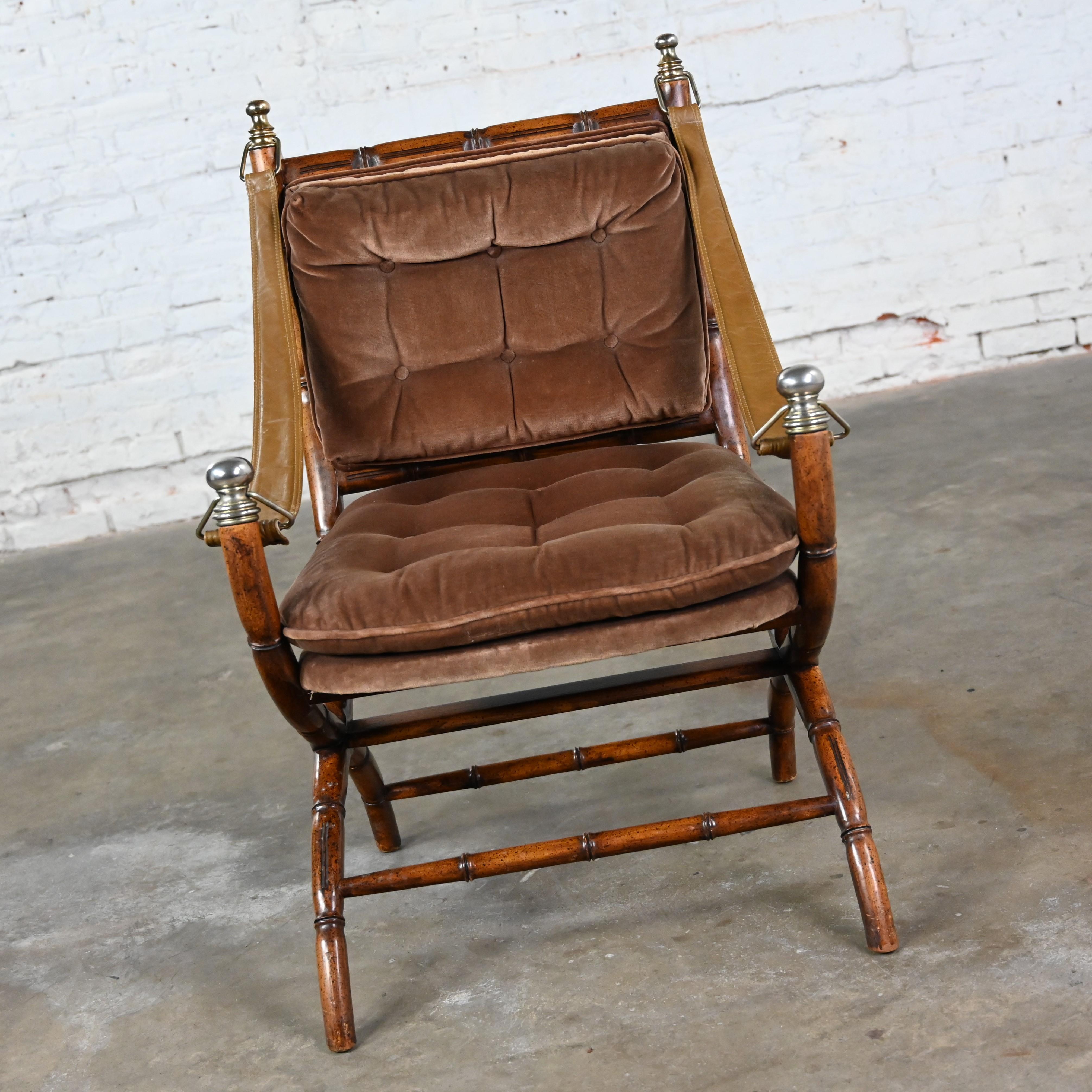 Unknown Mid-Late 20th Century Chair Brown Velvet Campaign Style X Base Sling Arm Straps 