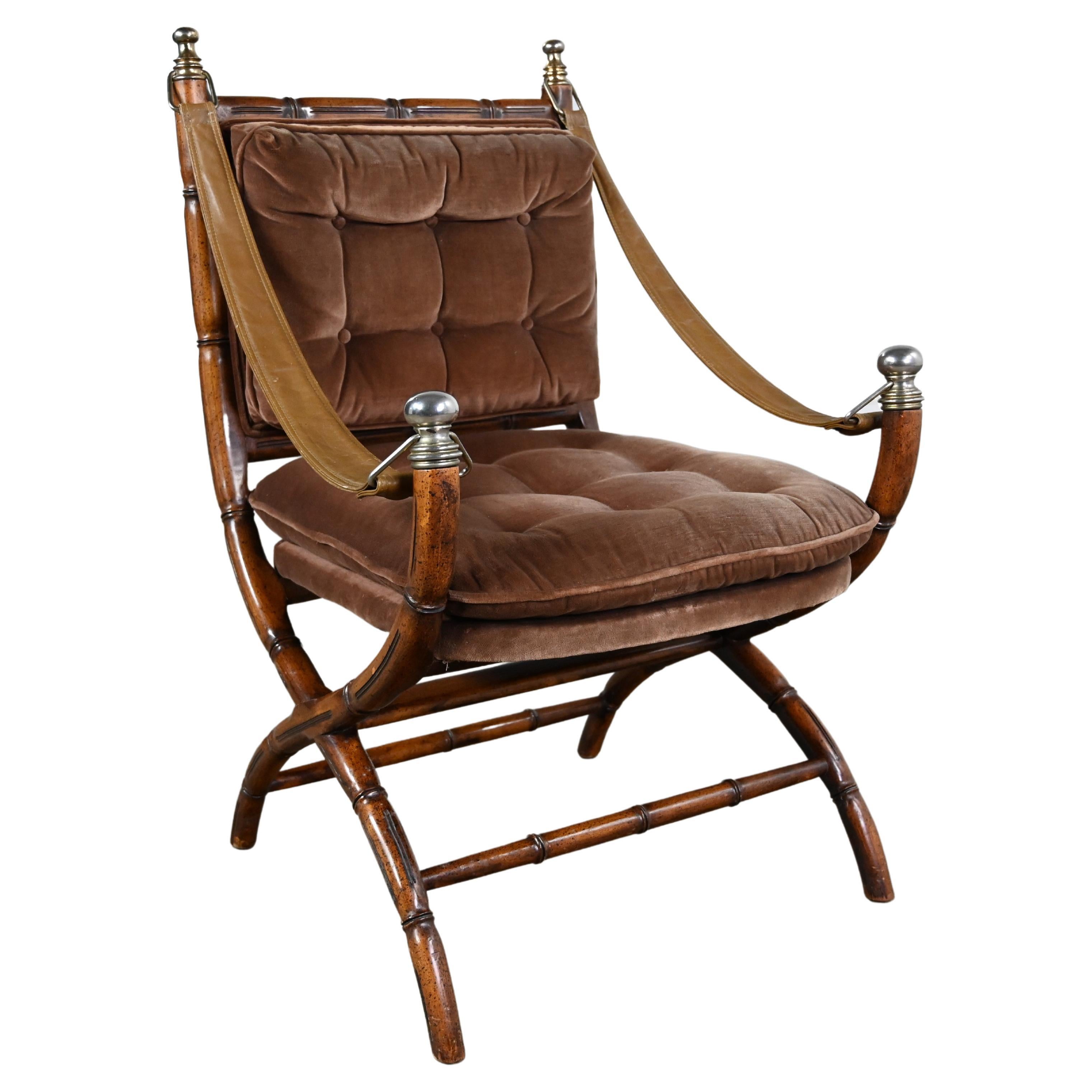 Mid-Late 20th Century Chair Brown Velvet Campaign Style X Base Sling Arm Straps