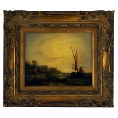 Peinture du milieu du 20e siècle représentant un port et une Townes Peinture du milieu du 20e siècle représentant un port et une Townes