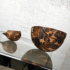 Mid - Late 20th Century South American Tribal Gourd Bowls Hand Carved Floral