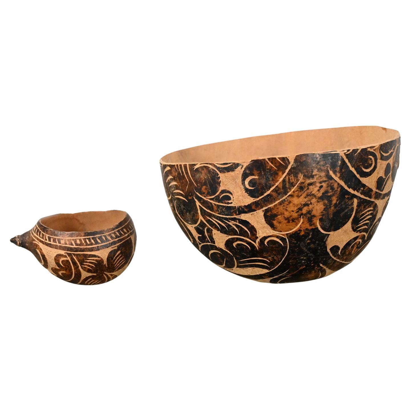 Mid - Late 20th Century South American Tribal Gourd Bowls Hand Carved Floral  For Sale