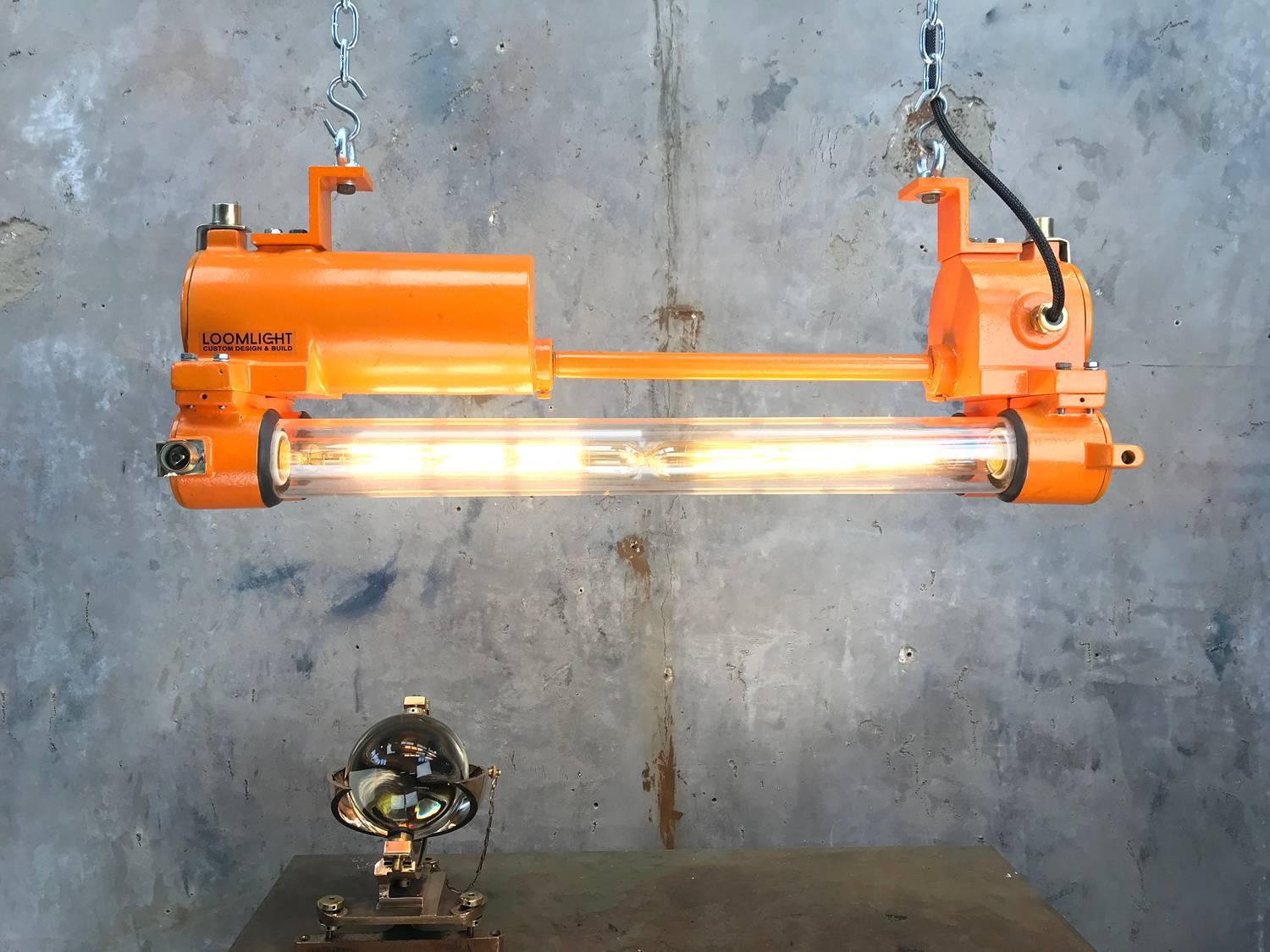 Mid-Late Century Industrial Aluminium and Brass Flame Proof Strip Light, Orange 3
