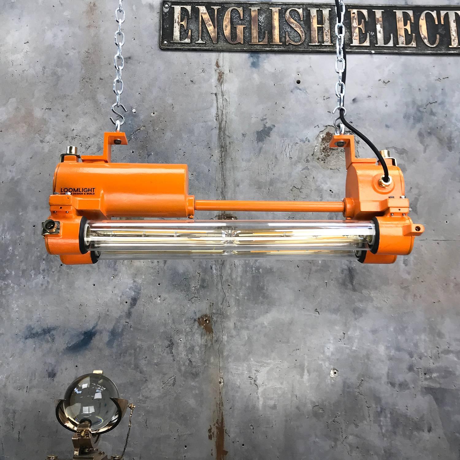 Tempered Mid-Late Century Industrial Aluminium and Brass Flame Proof Strip Light, Orange