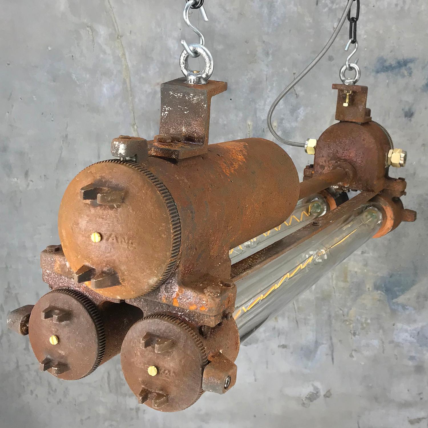 Mid-Late Century Industrial Aluminium and Brass Flame Proof Strip Light - Rust 1