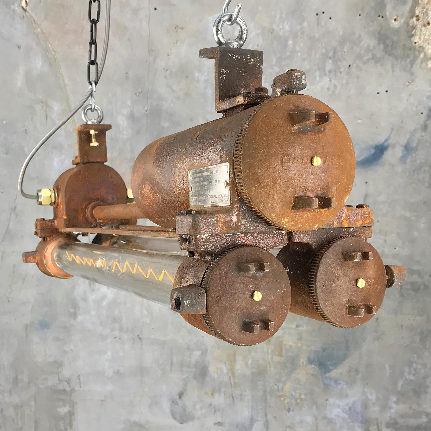 Mid-Late Century Industrial Aluminium and Brass Flame Proof Strip Light - Rust 4
