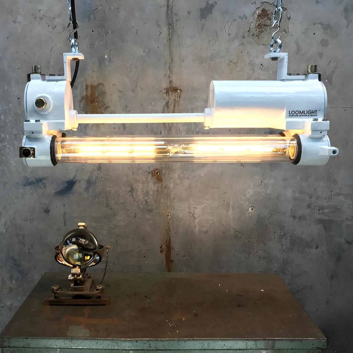 Mid-Late Century Industrial Aluminium and Brass Flame Proof Strip Light - White For Sale 1