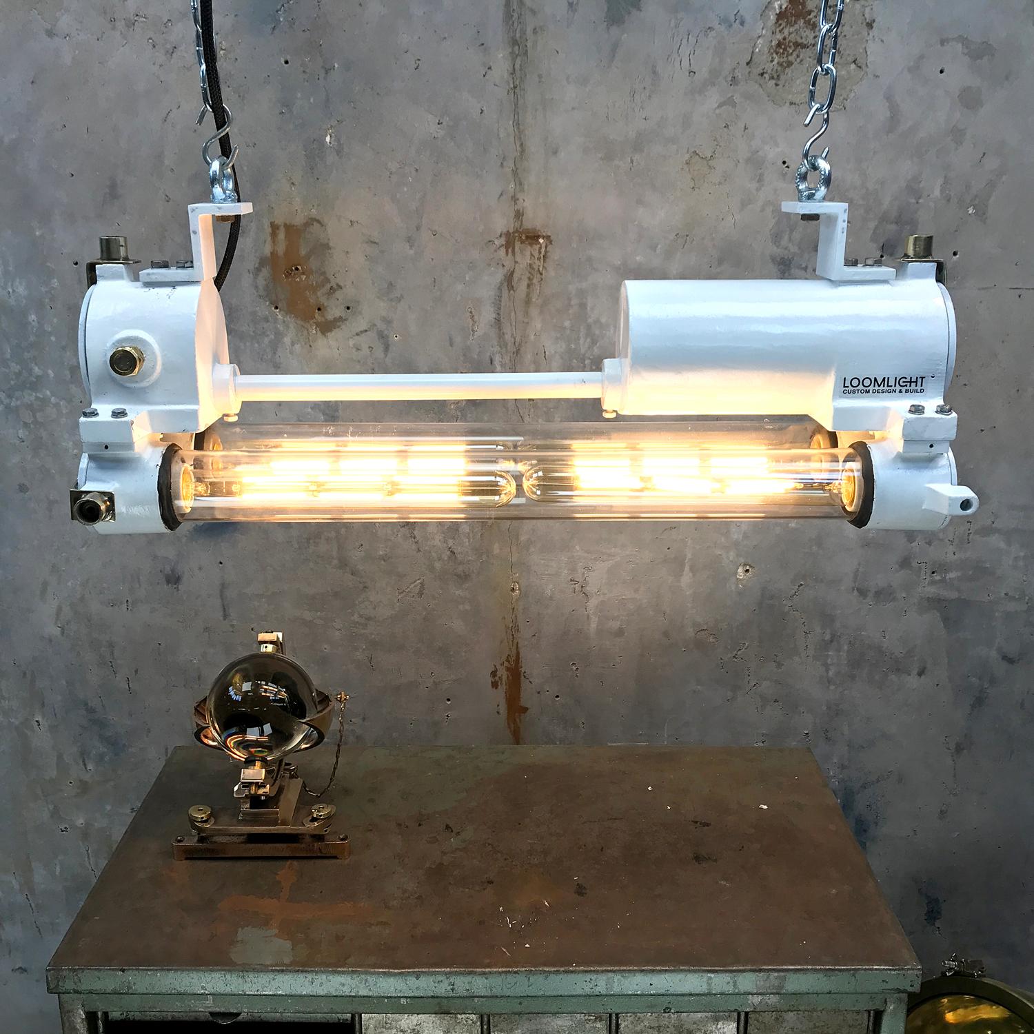 Mid-Late Century Industrial Aluminium and Brass Flame Proof Strip Light - White For Sale 3