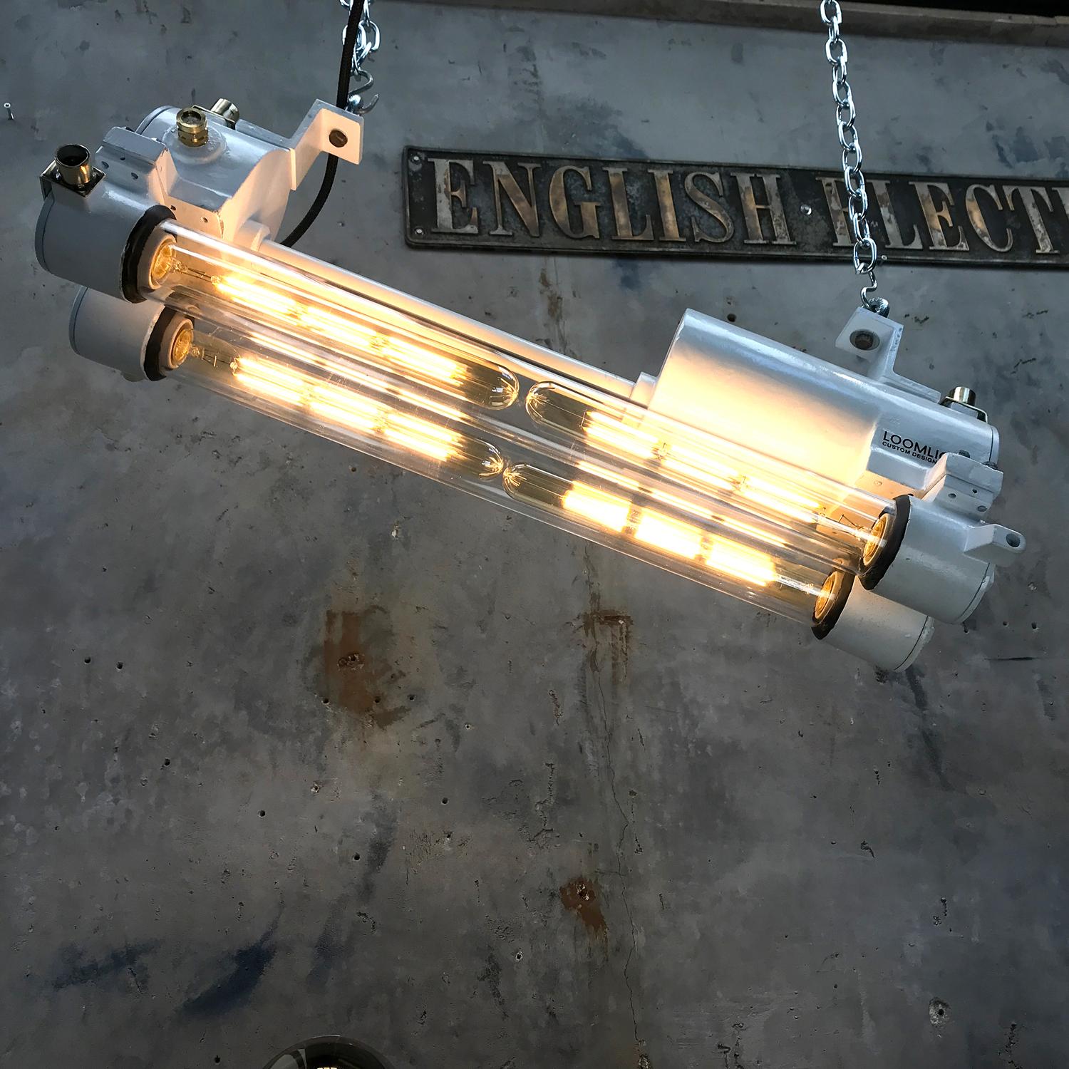 Mid-Late Century Industrial Aluminium and Brass Flame Proof Strip Light - White For Sale 5