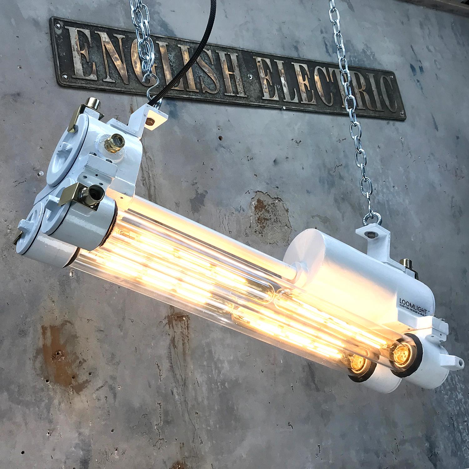 Korean flame proof edison LED twin strip light with gloss white finish.

A real example of vintage Industrial lighting that you just don't see these days, in fact it would have been impossible to buy these back when they where manufactured as they