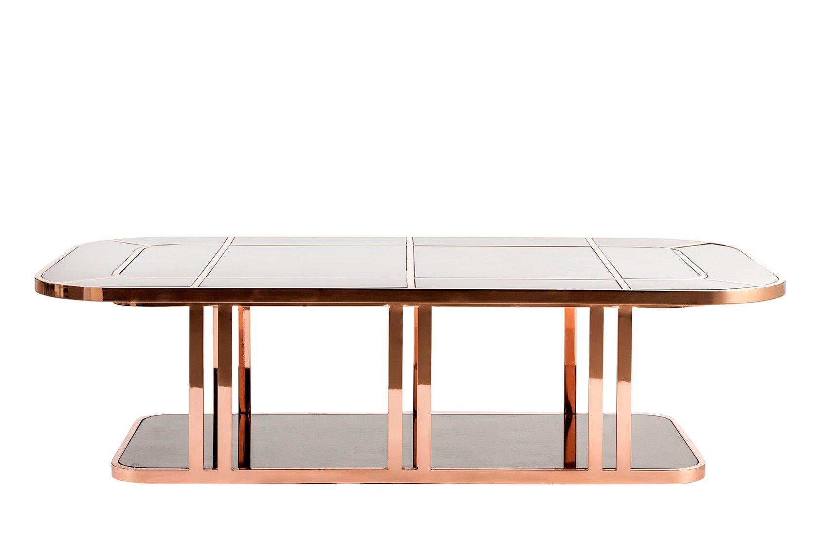 Kontra’s interpretation of Art Deco.
Brass/chrome / rose gold-plated body and vintage mirror top.
Coffee table.

