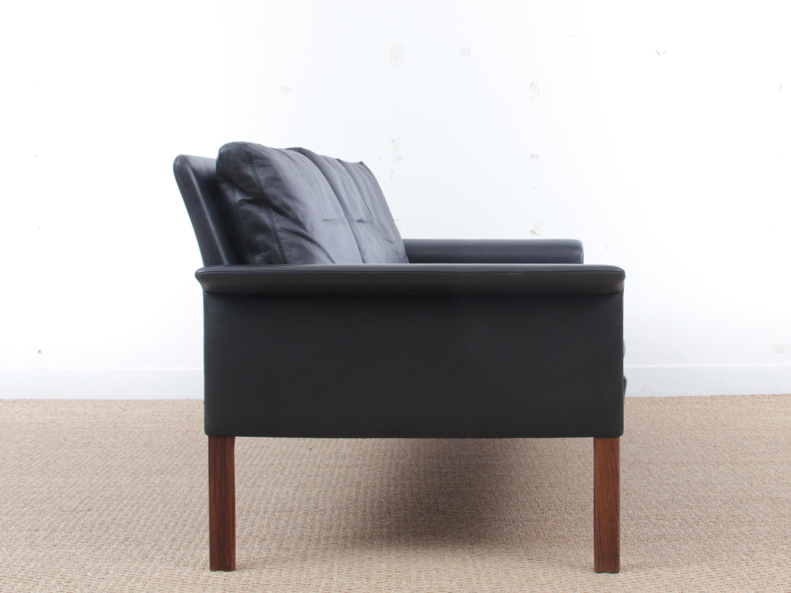 European Mid Modern Danish Three-Seat Black Leather Sofa, Model 500 by Hans Olsen