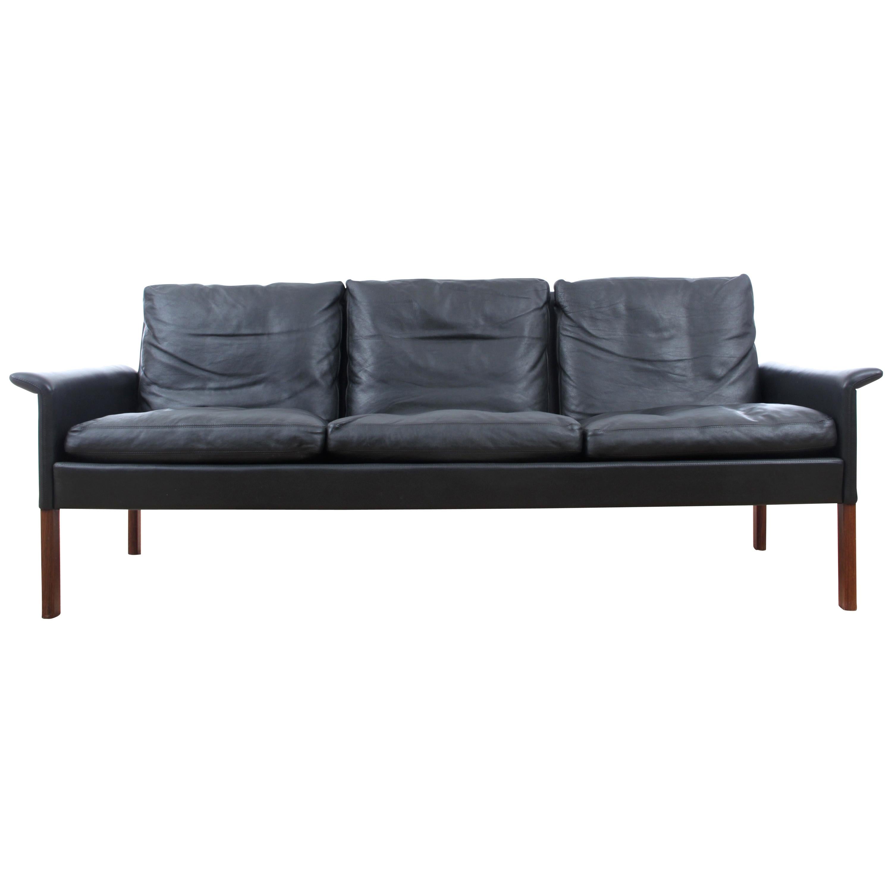 Mid Modern Danish Three-Seat Black Leather Sofa, Model 500 by Hans Olsen