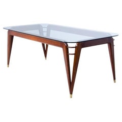 Mid-Modern Dining Table in Mahogany with Bronze Tips and Crystal Glass Top