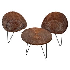 Mid-Modern Woven Rattan Conical Round Chair Set with Table