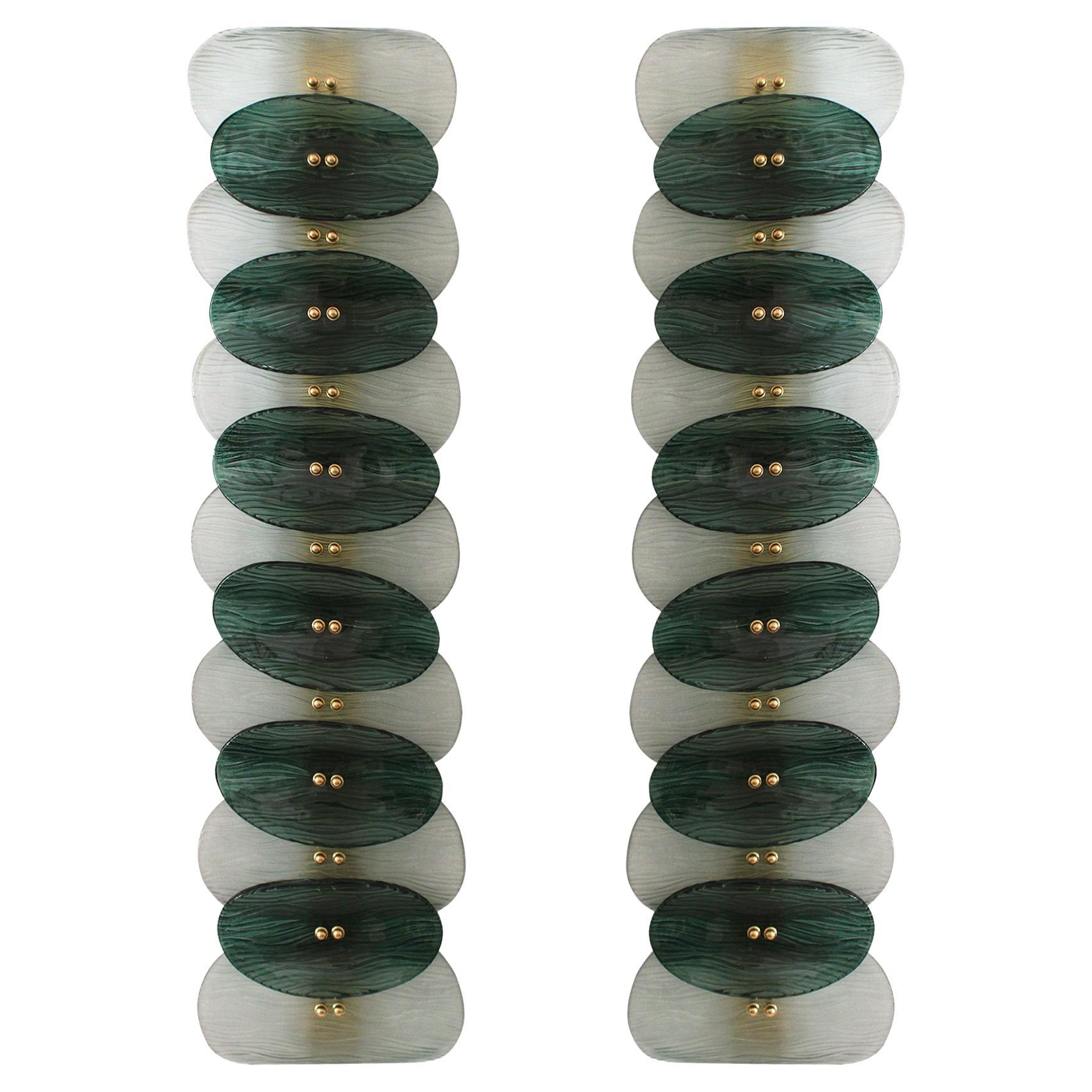 Mid Modern Style Green And White Murano Glass and Brass Italian Wall Sconces For Sale