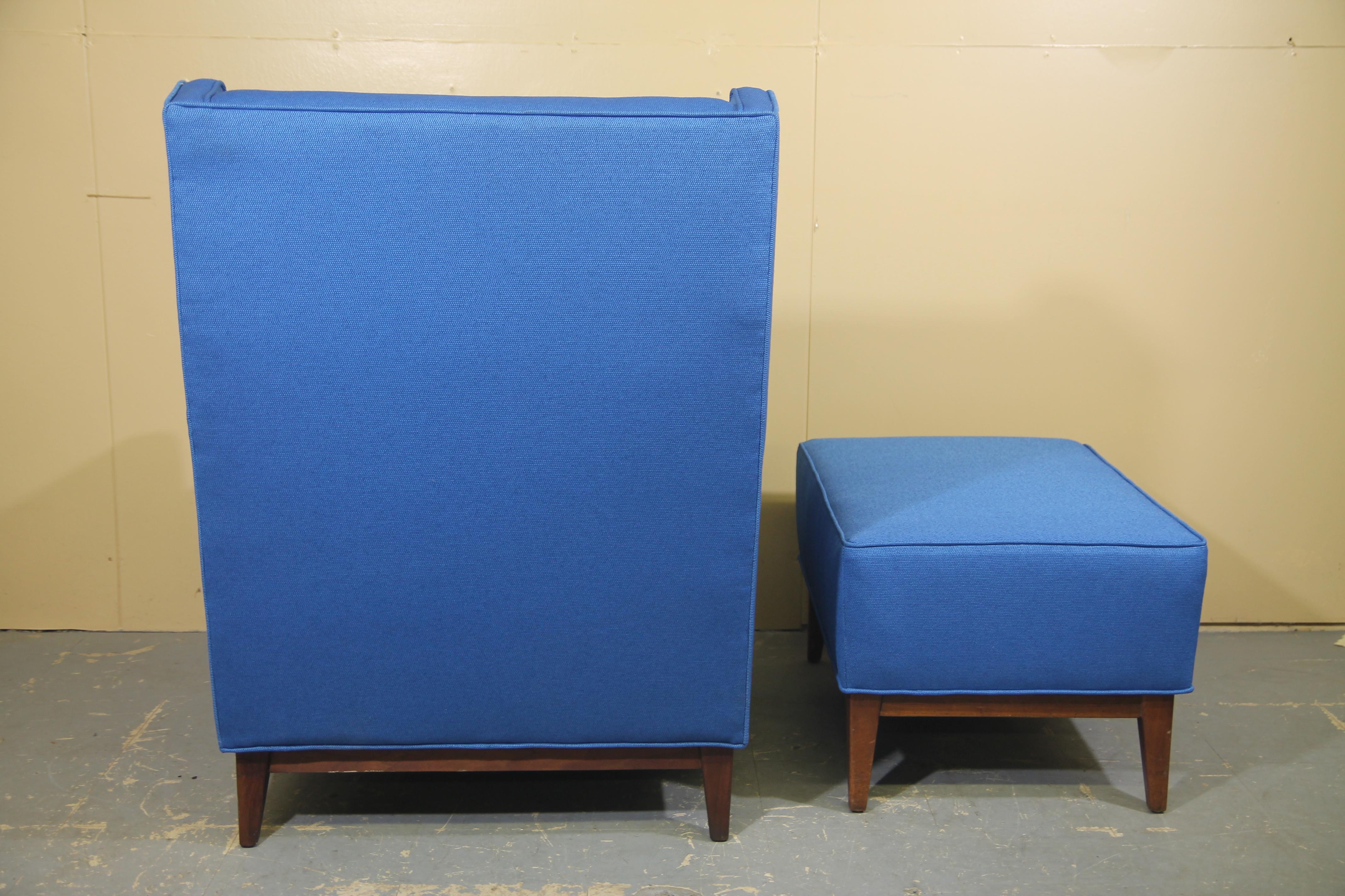 American Mid-Modern Wing Back Chair and Ottoman with New Maharam Fabric