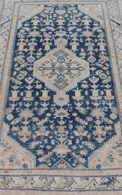 Mid Night Blue Background Antique Persian Hamadan Rug with Taupe & Powder Blue