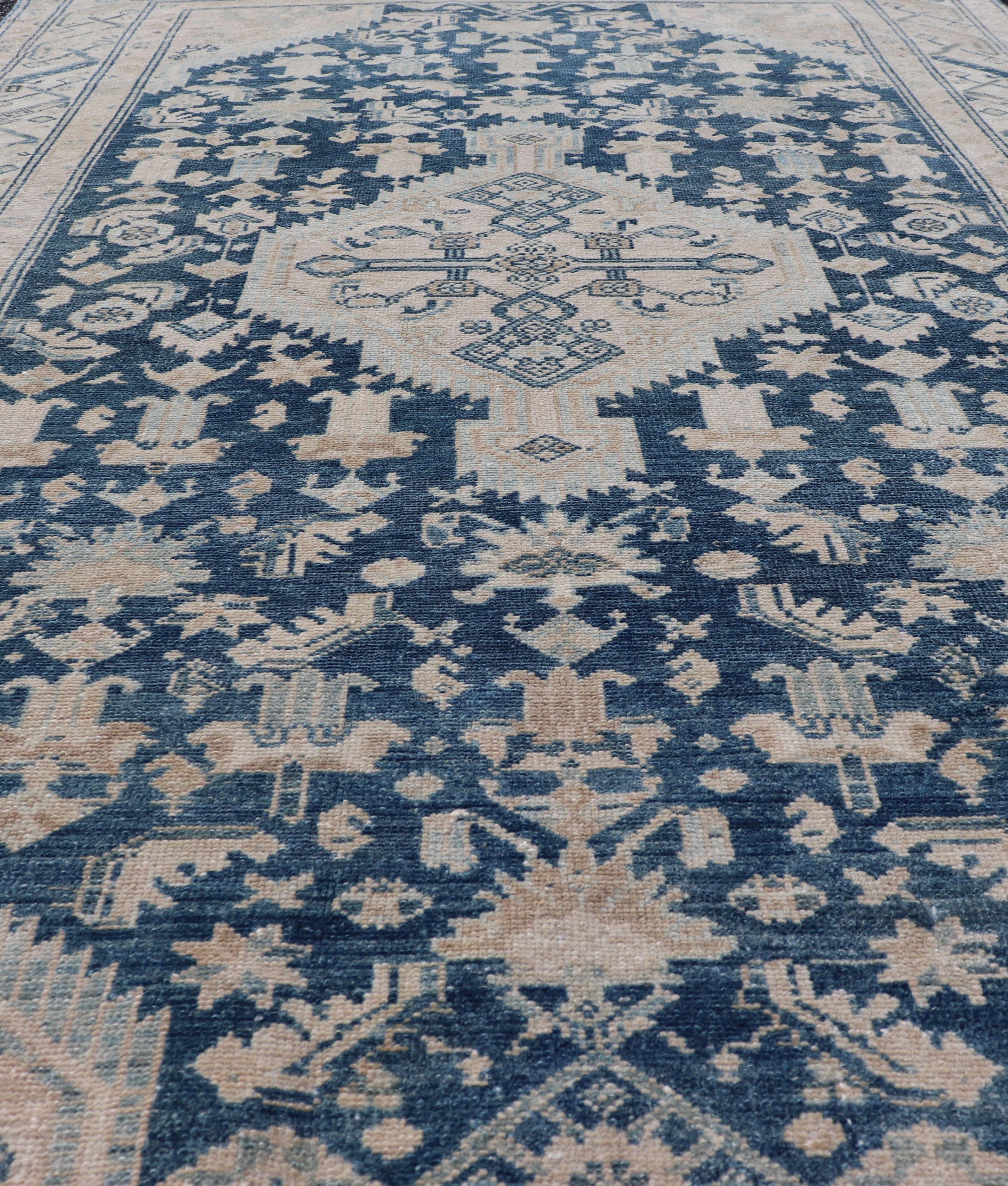 Malayer Mid Night Blue Background Antique Persian Hamadan Rug with Taupe & Powder Blue For Sale
