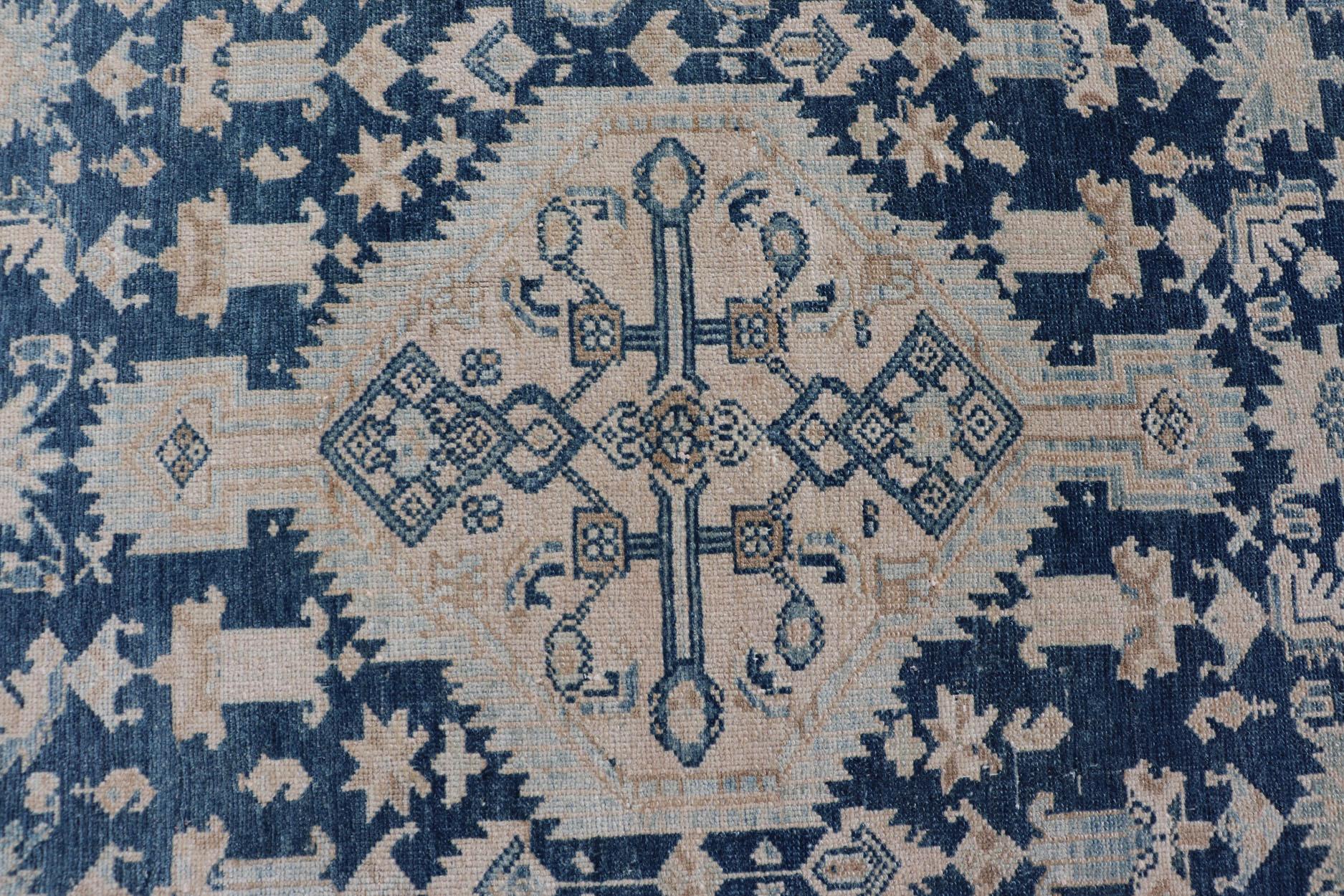 Hand-Knotted Mid Night Blue Background Antique Persian Hamadan Rug with Taupe & Powder Blue For Sale