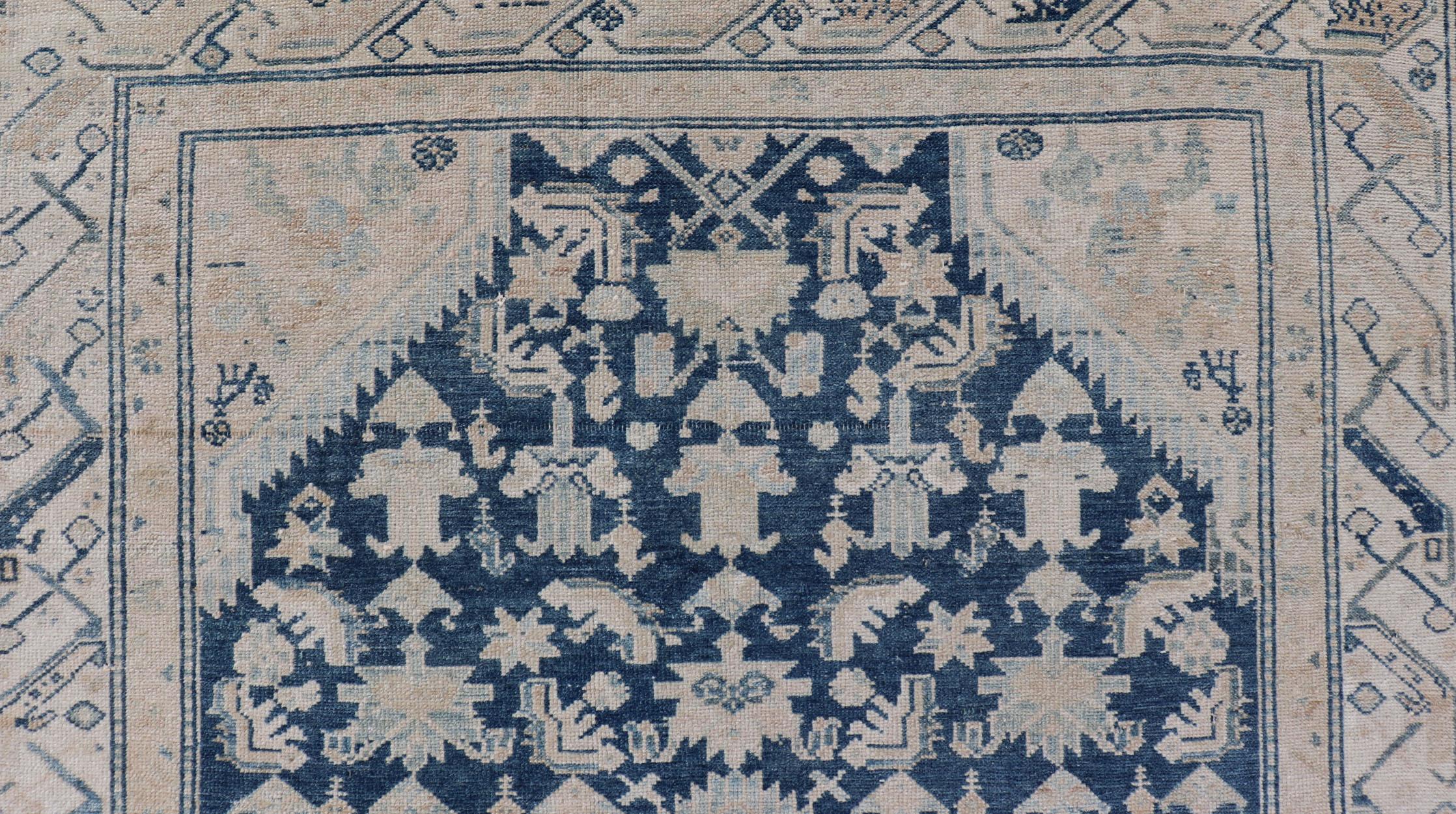 Mid Night Blue Background Antique Persian Hamadan Rug with Taupe & Powder Blue In Good Condition For Sale In Atlanta, GA