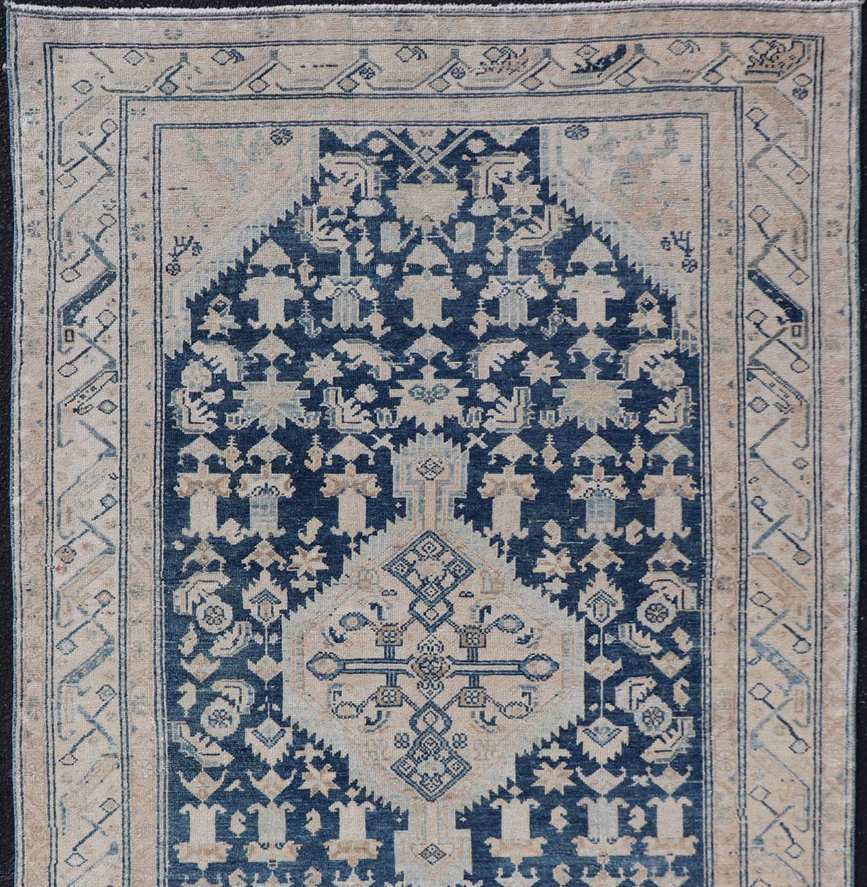 Wool Mid Night Blue Background Antique Persian Hamadan Rug with Taupe & Powder Blue For Sale