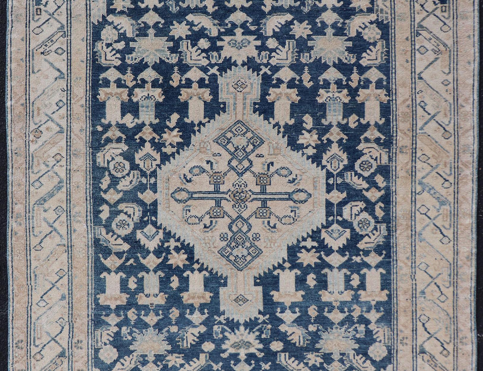 Mid Night Blue Background Antique Persian Hamadan Rug with Taupe & Powder Blue For Sale 1