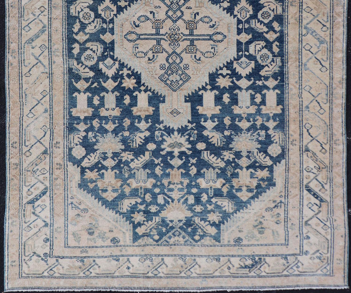 Mid Night Blue Background Antique Persian Hamadan Rug with Taupe & Powder Blue For Sale 2