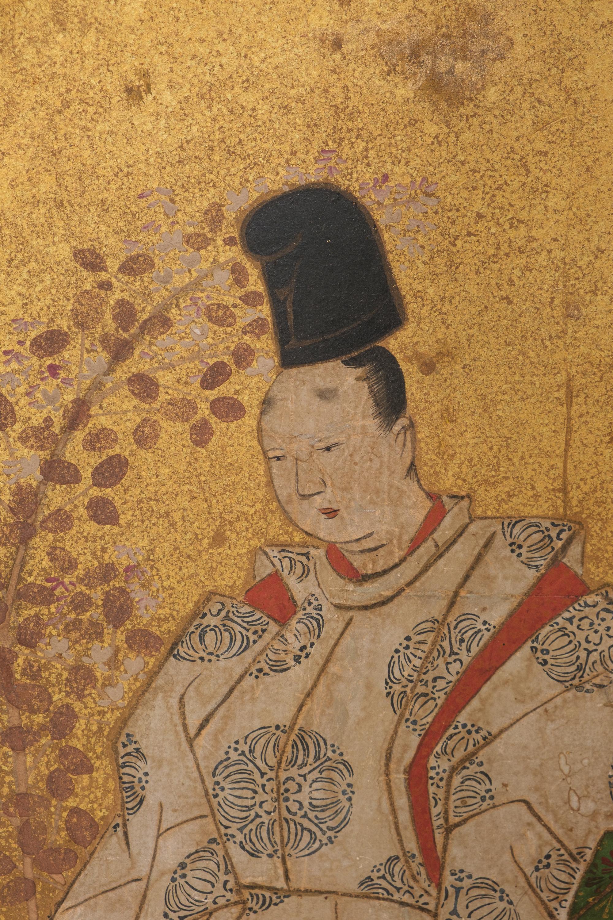 Mid-size 6-panel byôbu 屏風 with a scene from The Tale of Genji For Sale 3